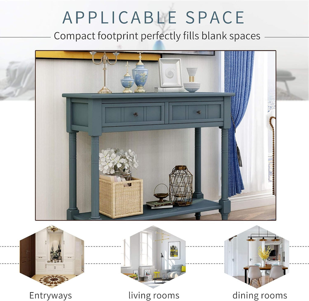 Bellemave Console Table with Drawers, Retro Entryway Table with 2 Drawers and Open Storage Shelf, Narrow Long Sofa Table, Behind Couch Table for Living Room, Foyer and Hallway,Navy