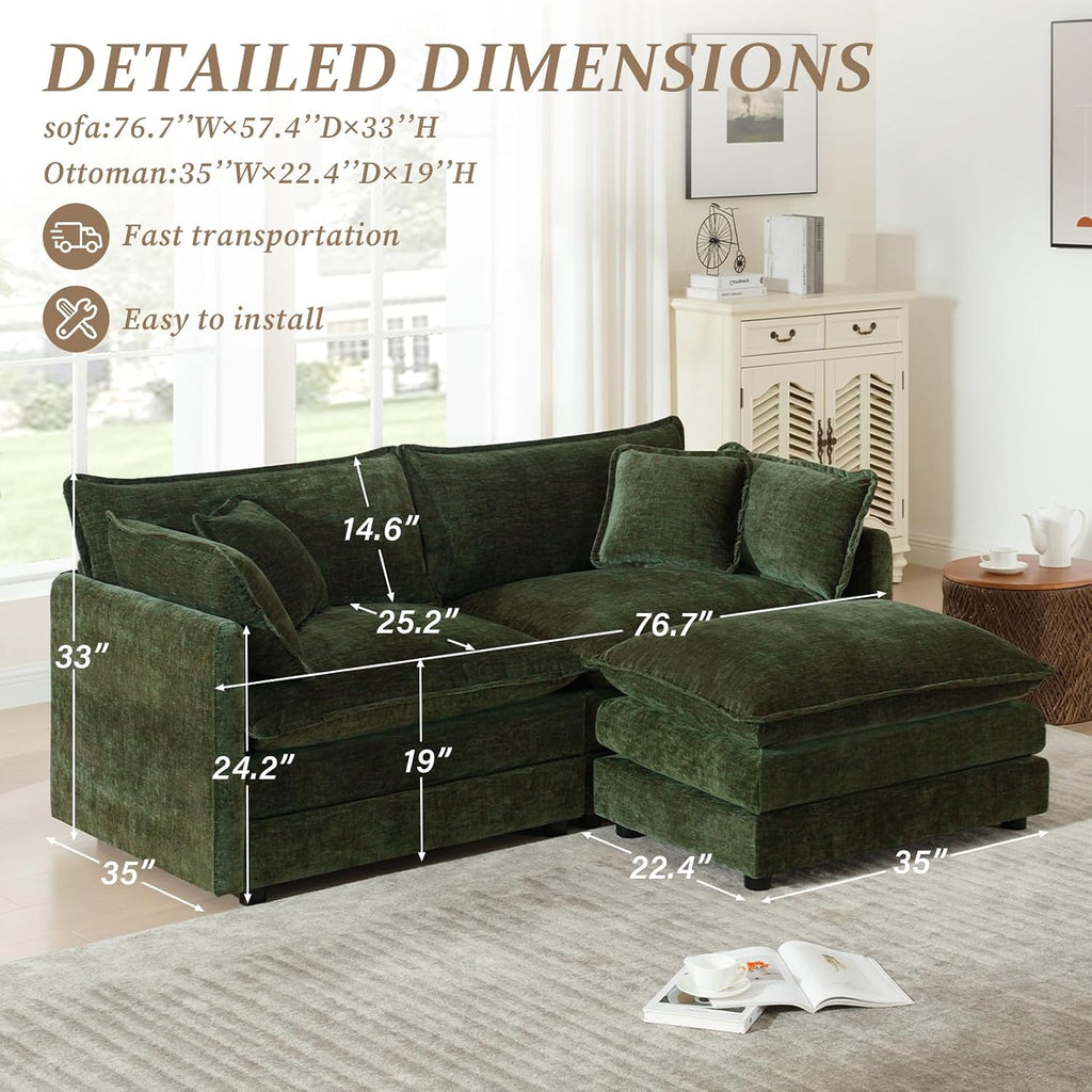SoarFlash Chenille Sectional Sofa, Comfy L Shaped Modular Coush Sofa with Ottoman, Modern 2 Seat Couch Deep Seat Sofa Set for Living Room,Green
