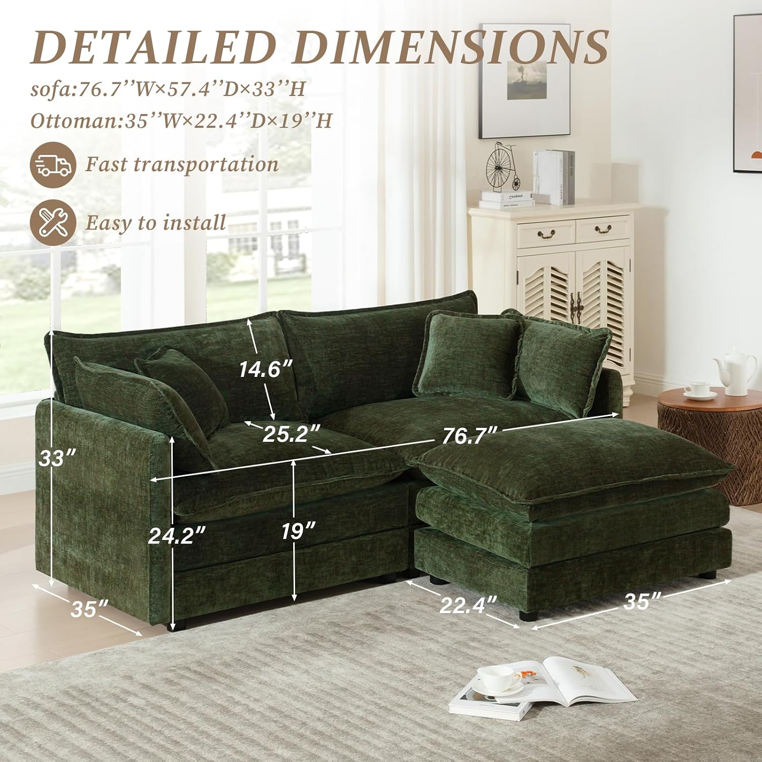 SoarFlash Chenille Sectional Sofa, Comfy L Shaped Modular Coush Sofa with Ottoman, Modern 2 Seat Couch Deep Seat Sofa Set for Living Room,Green