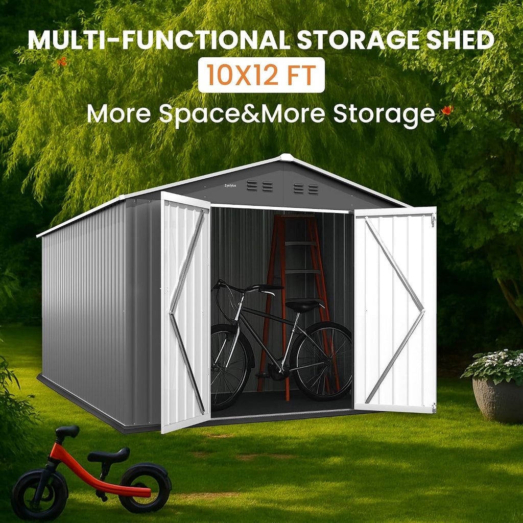 10x12 FT Outdoor Storage Shed, Tool Shed Outdoor Storage Large Updated Frame Structure with Double Lockable Doors, Steel Anti-Corrosion Sheds for Backyard, Pool, Patio, Light Gray+White