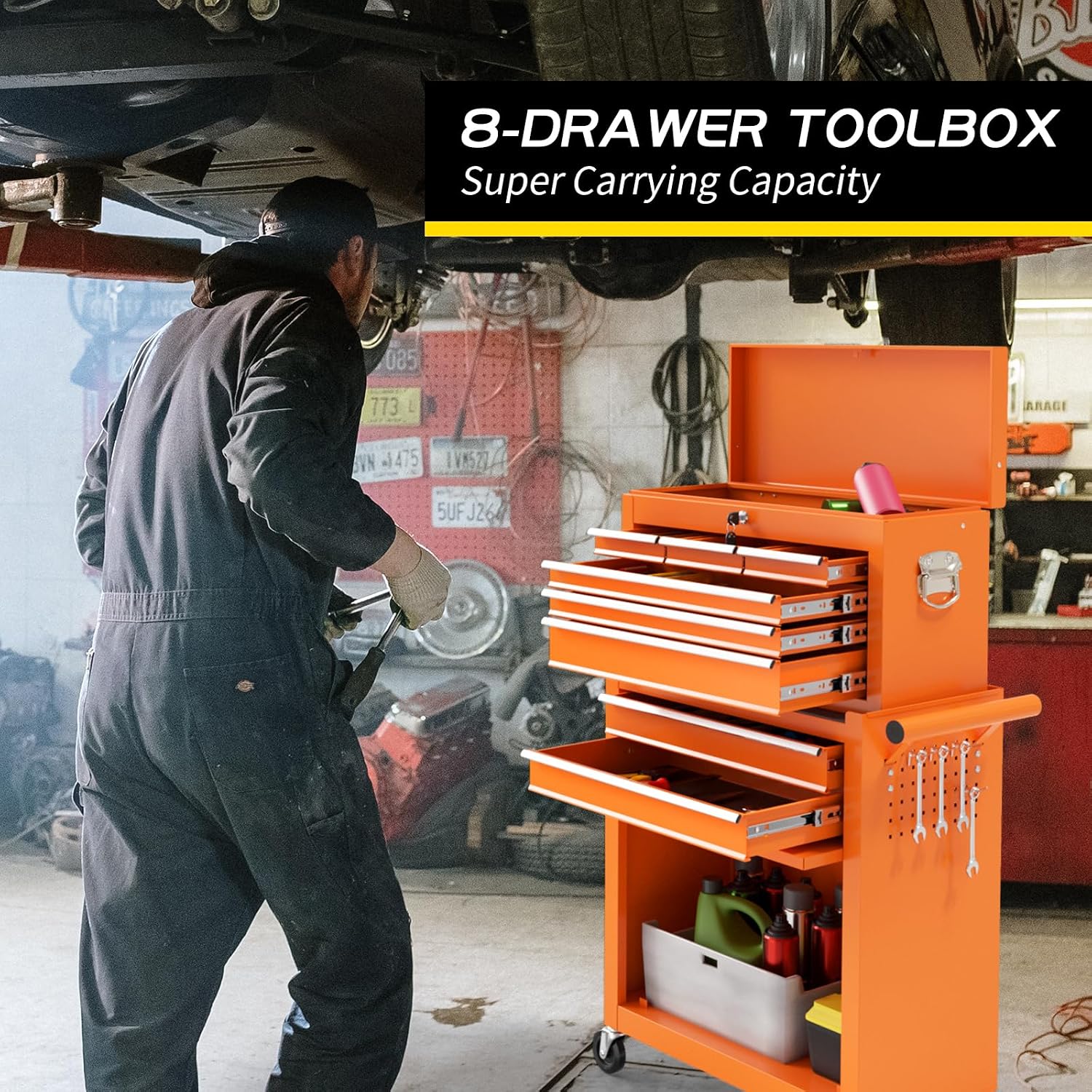 On Shine 8 Drawer Rolling Tool Chest, Large Capacity Rolling Tool Box with Wheels, Locking Mechanical Tool Chest, Portable Tool Box with Sliding Drawers for Garage Workshop and Tool Room (Orange)