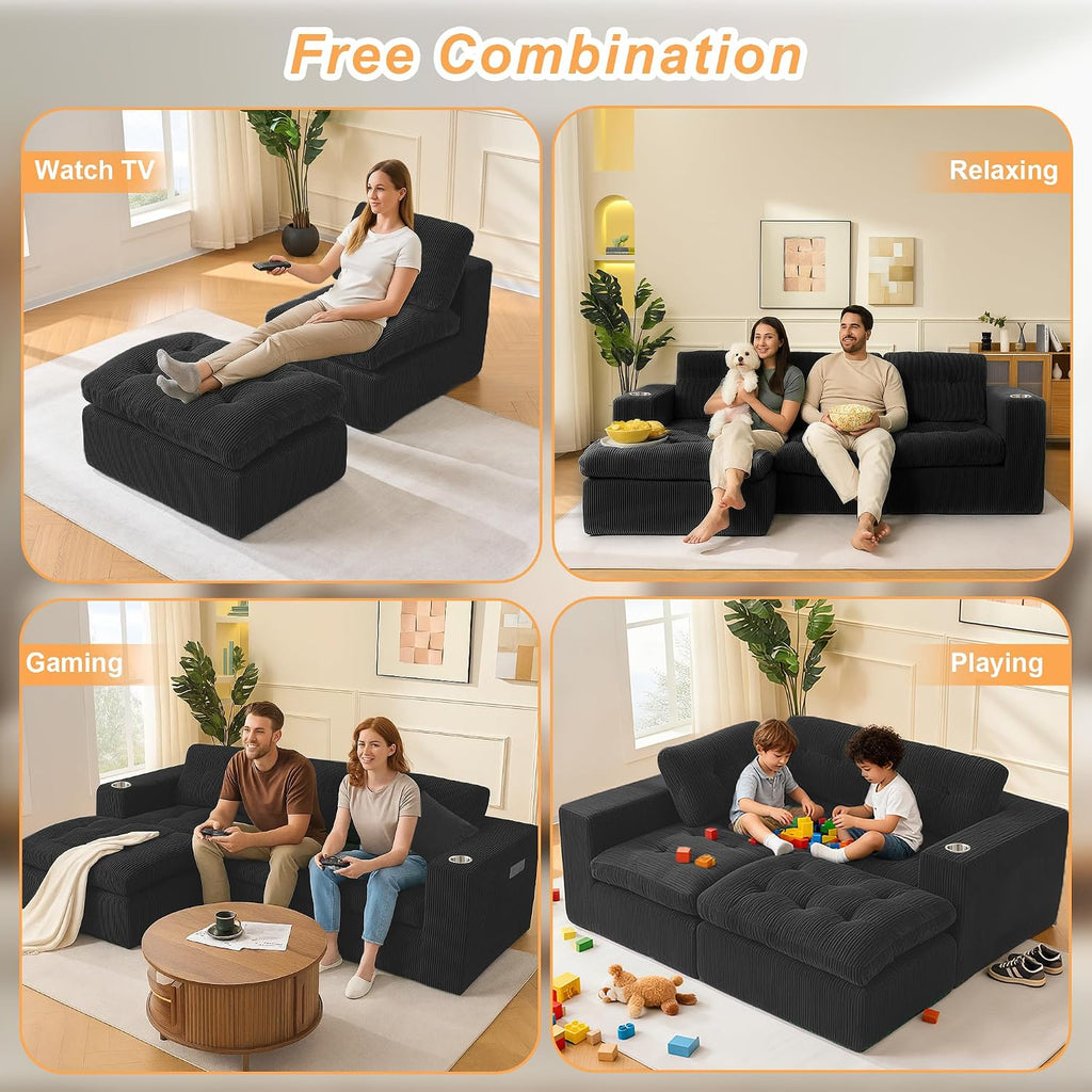 Black L Shaped Modular Cloud Sectional Sofa, Comfy 3 Seater Sectional Couches for Living Room with Cup Holders, Modern L Shape Sofa Set for Living Room Bedroom, Black