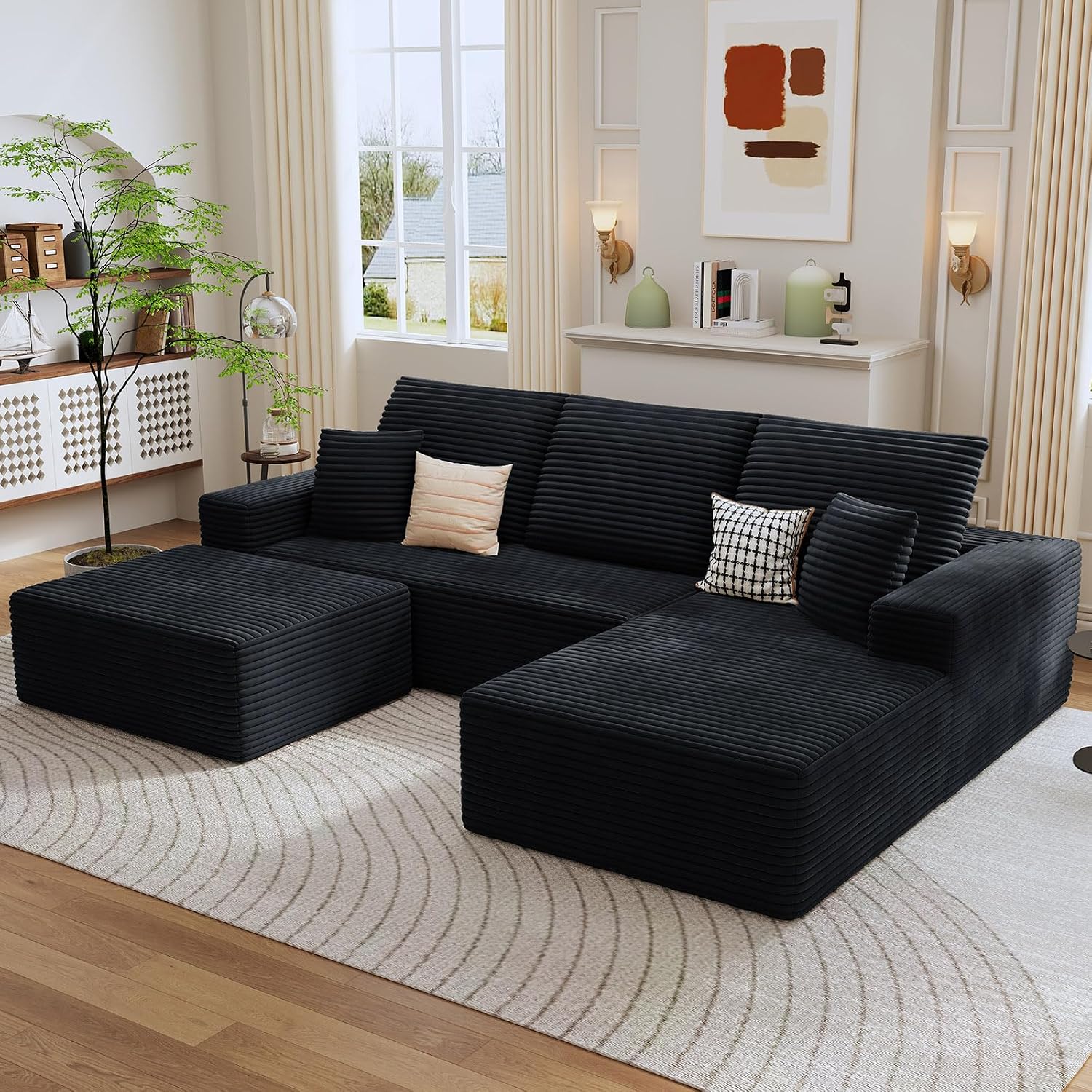 107' Cloud Sectional Couch with U-Shaped Chaise, Corduroy Sectional Sofa with Ottoman, Boneless Couch with Deep Seat in a Box for Living Room, No Assembly Required (Black, Right Facing Chaise)