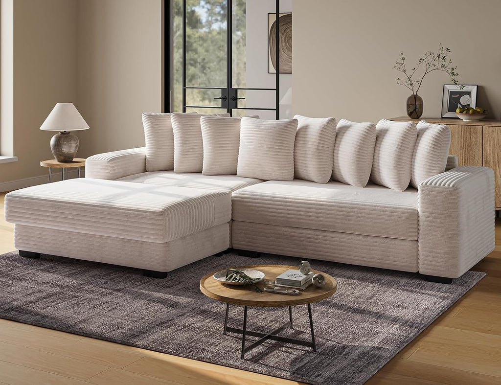 ohllob 110' Modular Sectional Sofa, L Shaped Couch with Chaise Lounge, Fluffy Corduroy Cloud Couch with Deep Seat for Living Room (Beige)