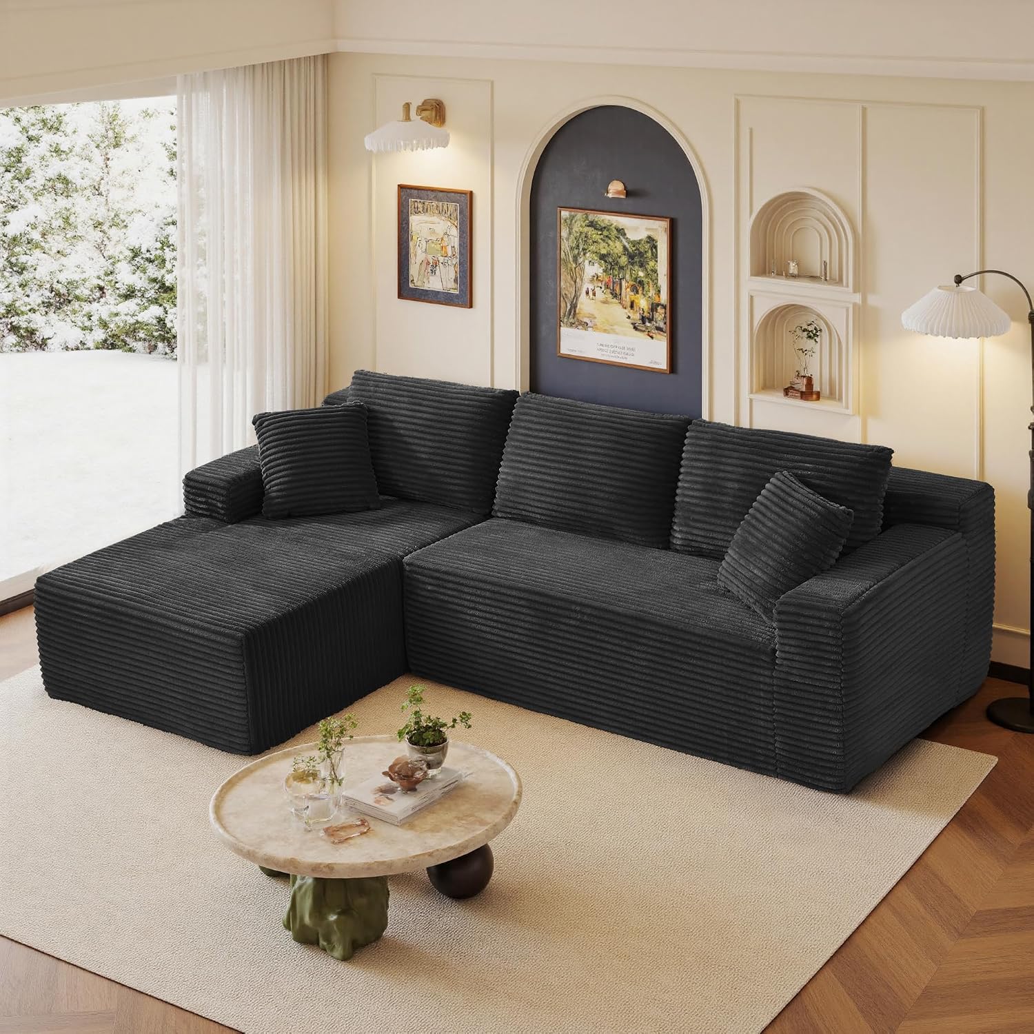 96' Sectional Couches for Living Room Cloud Couch Sofa with L-Shape Upholstered Boneless Couchs Modern Modular Sectional Couch with Chaise (Black, 95' W+Left Facing Chaise+2Seaters)