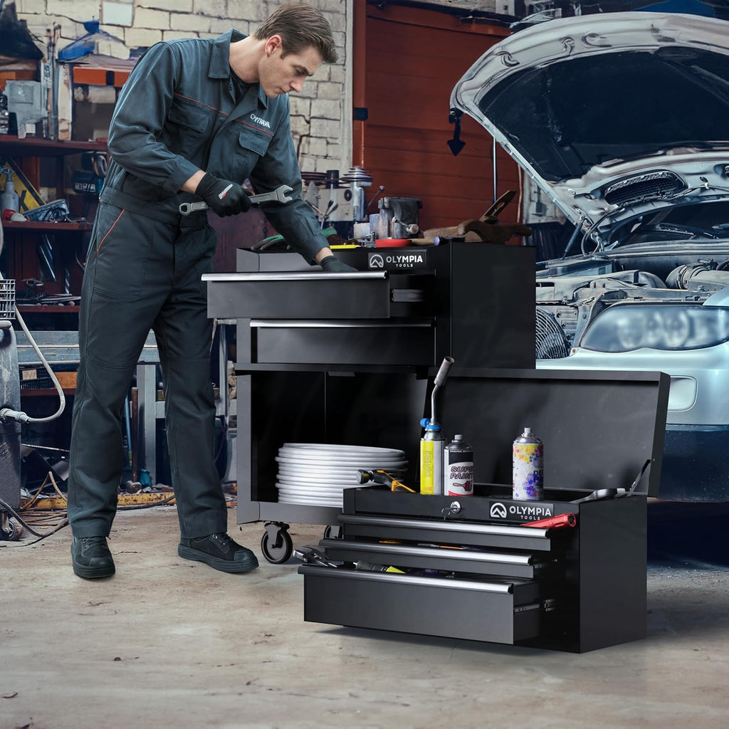 Olympia Tools Tool Chest Cabinet with Drawer - Tool Box with Ball Bearing Fully Extendable Drawers Garage Storage Tools & Equipment (26.5IN Combo Rolling Tool Chest)