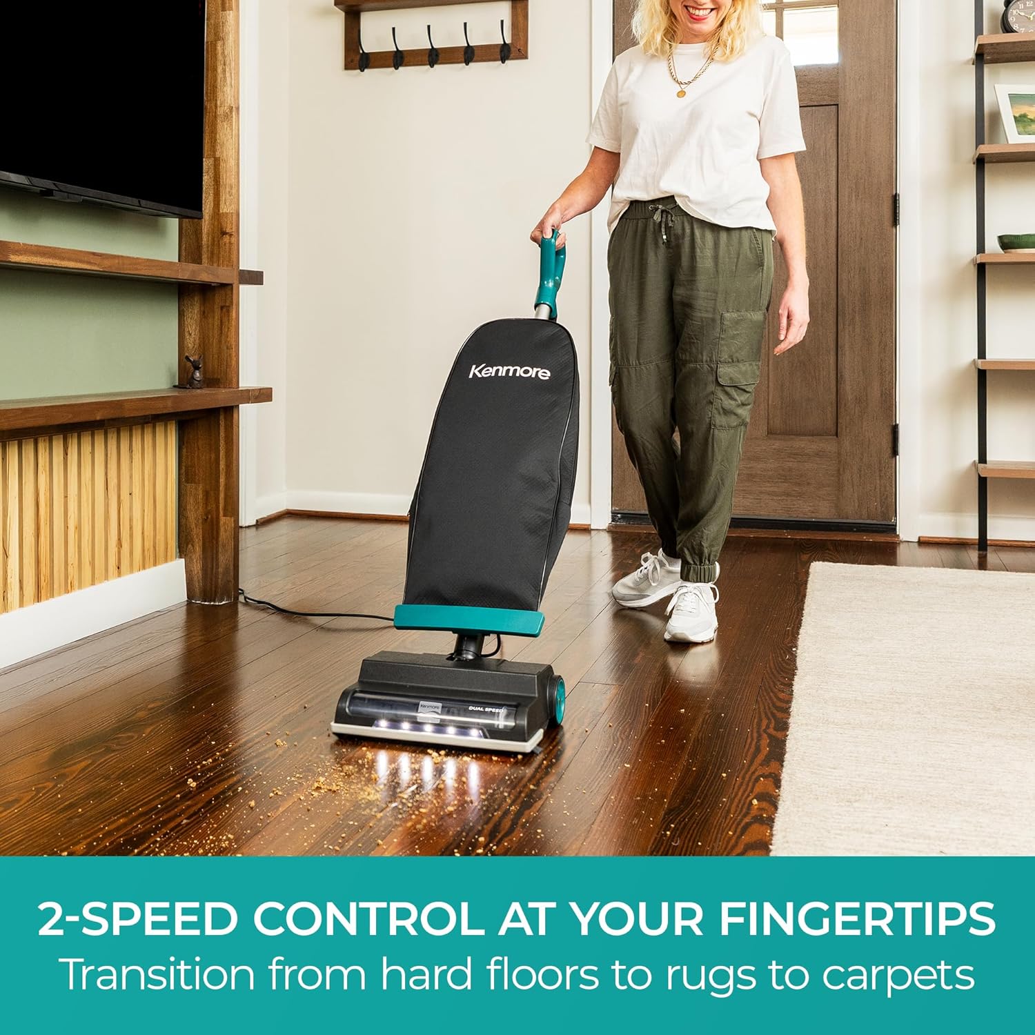 Kenmore BU1001 B200 Series Commercial Grade Vacuum Cleaner Lightweight 14L Capacity Bagged Upright Vac with LED Headlight and 2-Speed Setting Powerful Suction for Pets, Carpets & Hard Floor, Black