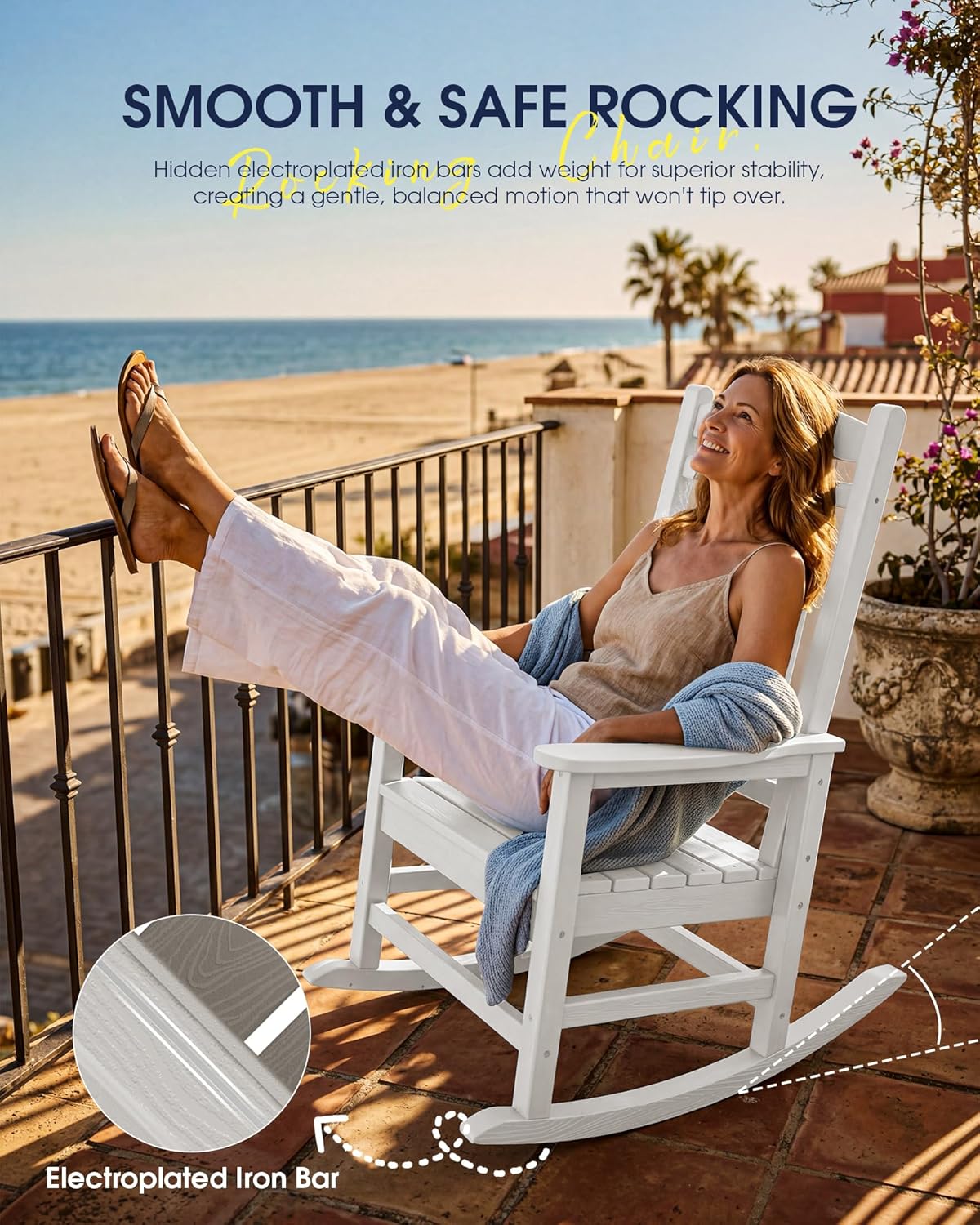 KINGYES Oversized HDPE Patio Rocking Chair Set of 6, Outdoor Rocking Chairs Porch Rocker for Adults, White