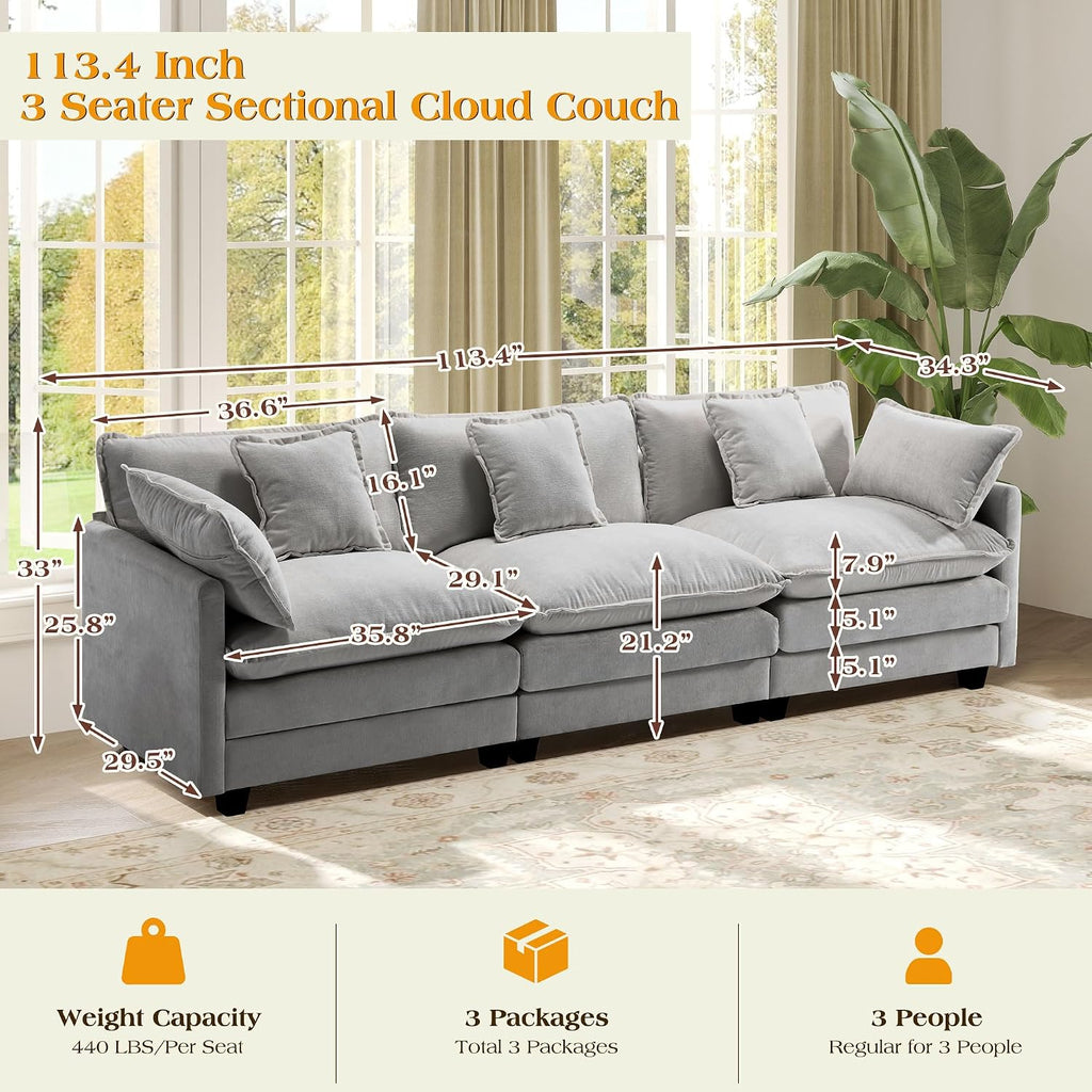 113.4' Modular Sectional Sofa,Cloud Couch for Living Room, Modern Deep Seat Sofa 3 Seater Chenille Fabric Comfy Couches with Throw Pillows for Apartment