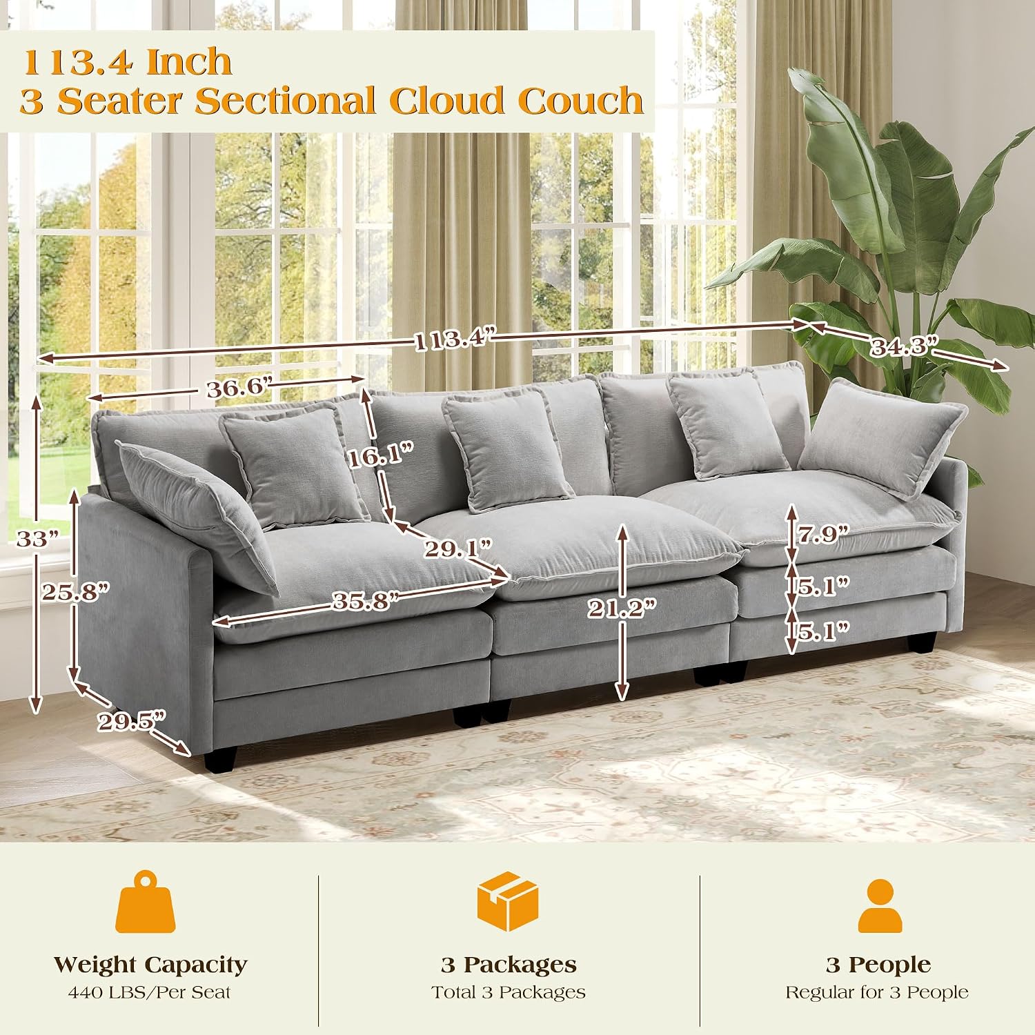 113.4' Modular Sectional Sofa,Cloud Couch for Living Room, Modern Deep Seat Sofa 3 Seater Chenille Fabric Comfy Couches with Throw Pillows for Apartment
