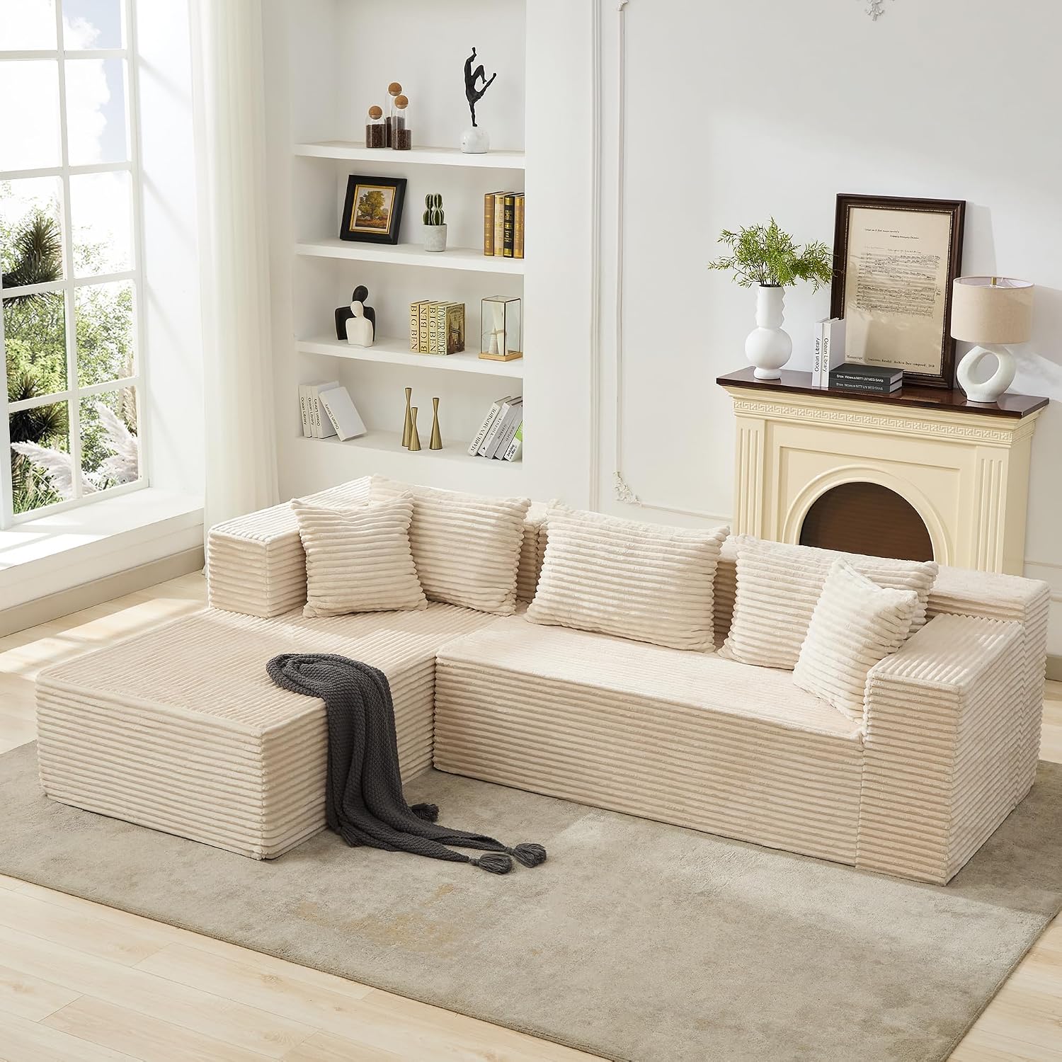 Boneless Couch, 106' Left Corduroy Cloud Couch Sectional，Vacuum Compressed Couch, L-Shaped Modular Sectional Couch with Chaise Lounge, Boneless Couch for Living Room, Comfy Compact Apartment Sofa