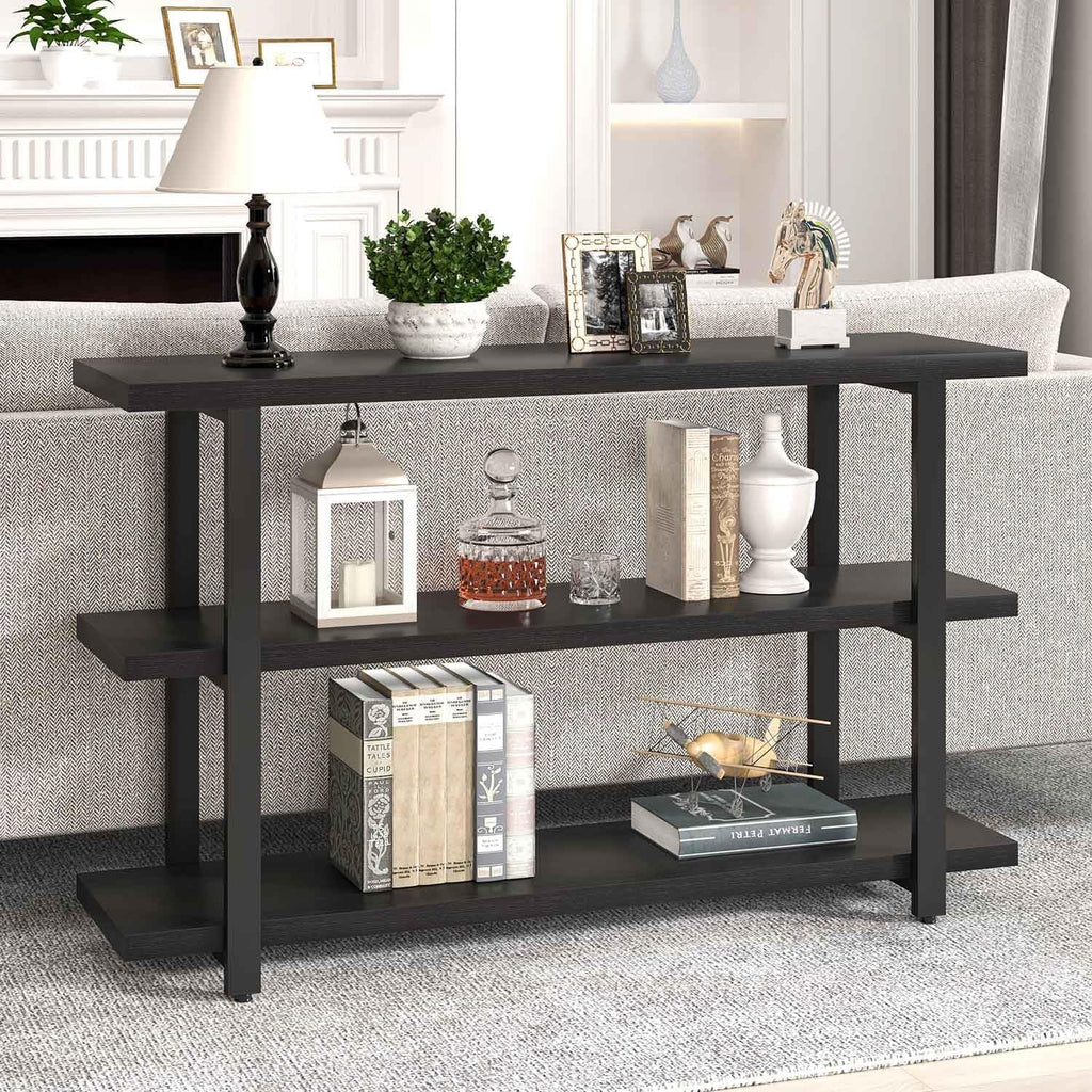 FOLUBAN Black Entryway Table, Modern Console Tables with 3 Tier Storage Shelves for Living Room, Wood and Metal Sofa Table for Hallway, Entrance, or Behind Couch, 47 Inch