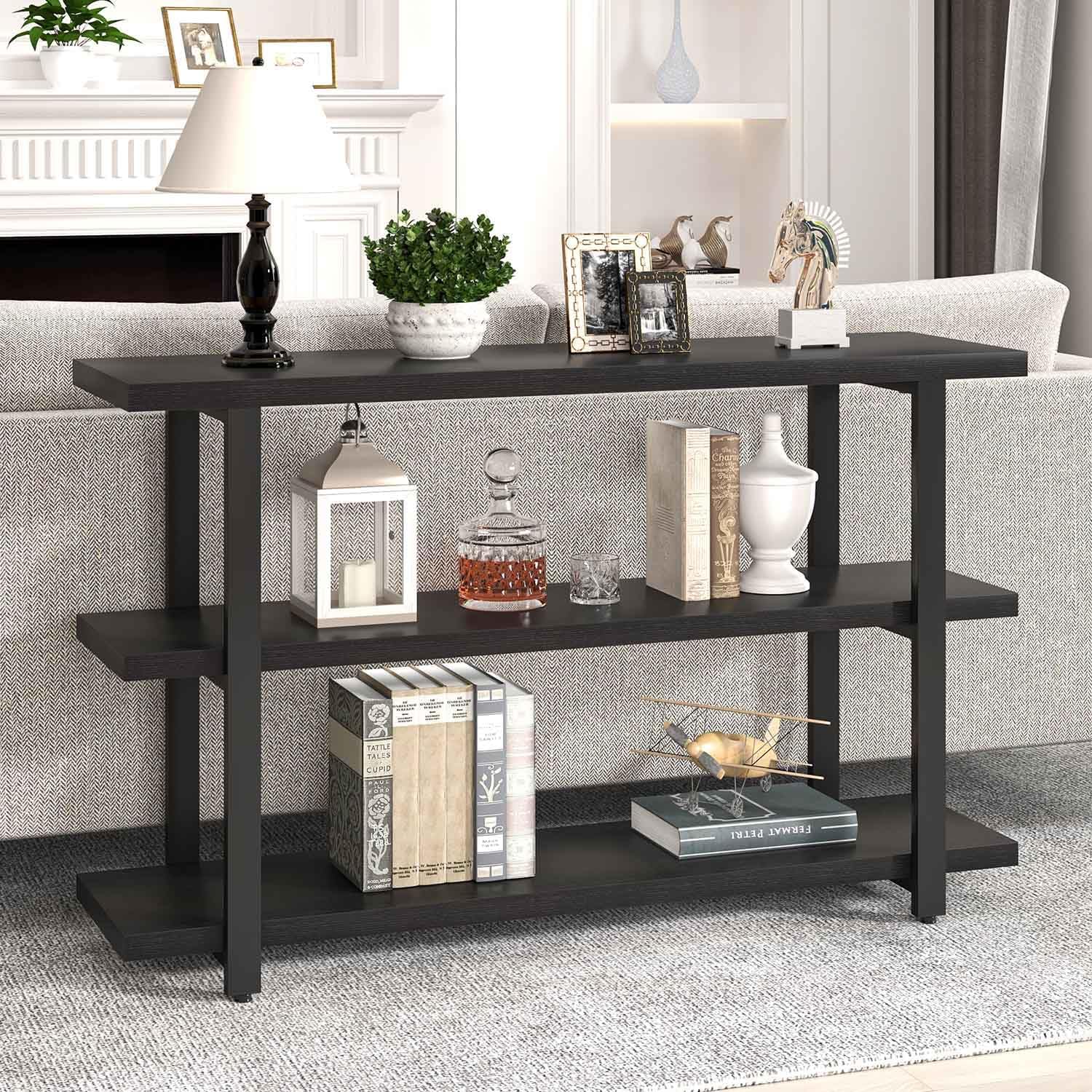 FOLUBAN Black Entryway Table, Modern Console Tables with 3 Tier Storage Shelves for Living Room, Wood and Metal Sofa Table for Hallway, Entrance, or Behind Couch, 47 Inch