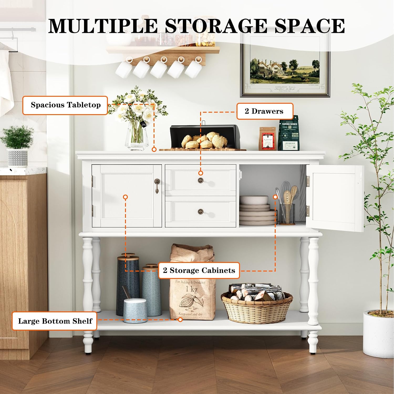 ARTPOWER Console Table with 2 Drawers, Retro Entryway Table with 2 Door Cabinets and Open Storage Shelf, Narrow Long Behind Couch Sofa Table for Living Room, Foyer, Hallway, White