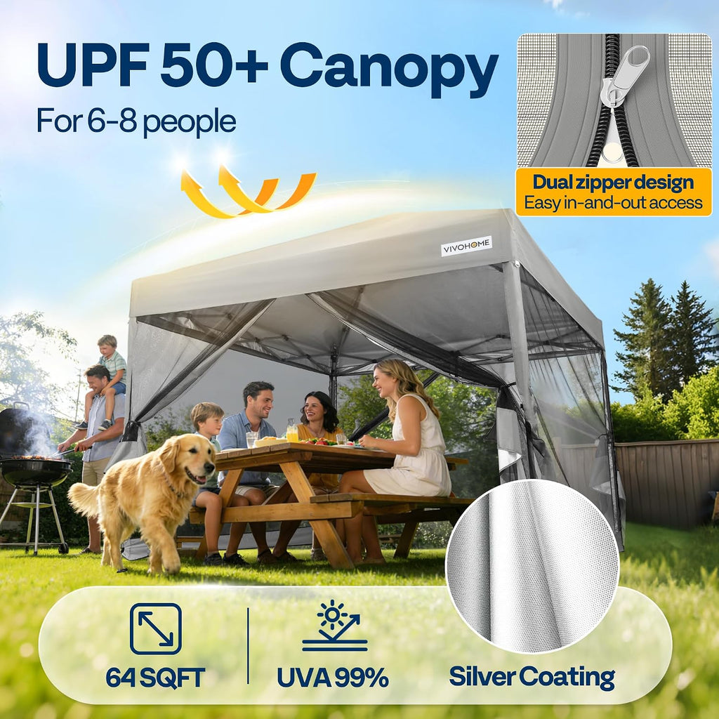 VIVOHOME 8x8ft Easy Pop-Up Canopy, Outdoor Screen Tent with Mosquito Netting, 2 Zipper Doors, and Roller Bag for Yard Camping Picnic Party Events, Grey