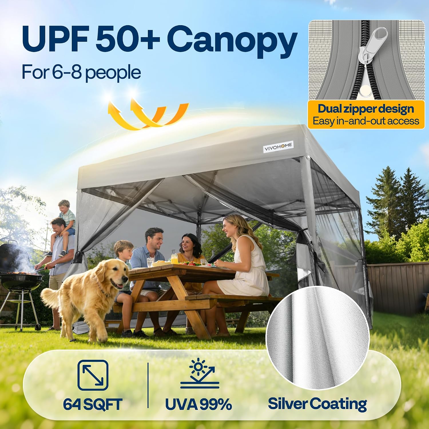 VIVOHOME 8x8ft Easy Pop-Up Canopy, Outdoor Screen Tent with Mosquito Netting, 2 Zipper Doors, and Roller Bag for Yard Camping Picnic Party Events, Grey