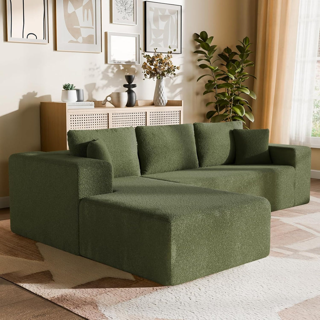 Cloud Wool Modular Sectional Sofa with Chaise, 106' L-Shaped Sofa Couch for Living Room, Deep Seat Plush Boneless Couches, Includes Pillows, Right Chaise, Green