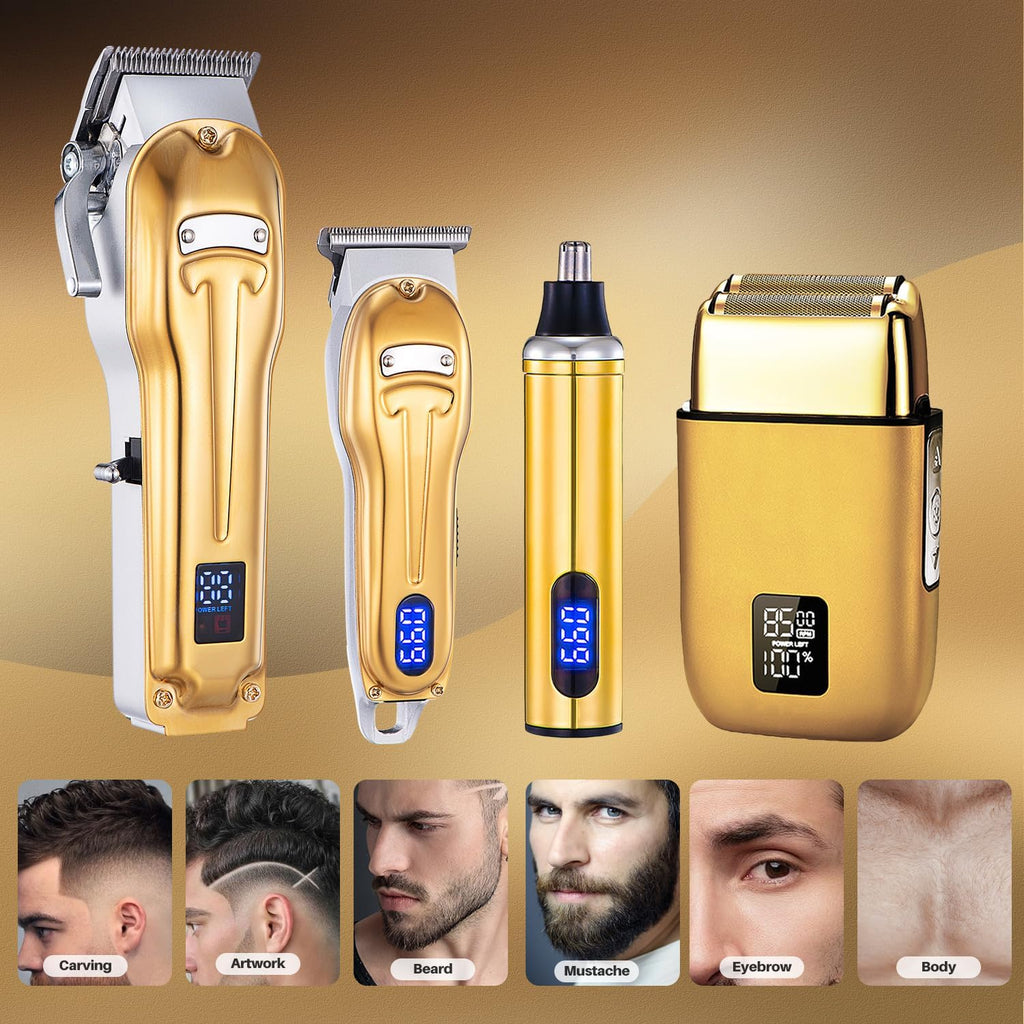 Roziapro Professional Hair Clippers for Men Zero Gapped T-Blade Trimmer Cordless Nose Hair Trimmer Electric Foil Shaver Rechargeable Hair Grooming Set with LED Display (Gold)