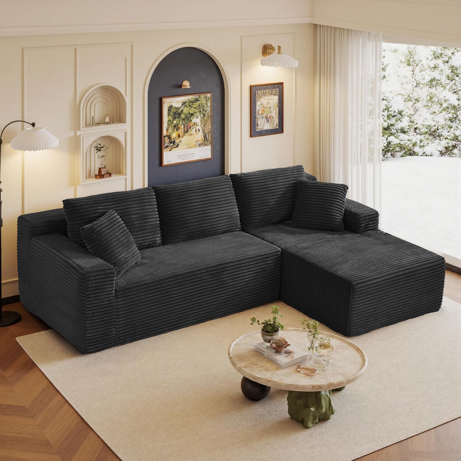 96' Sectional Couches for Living Room Cloud Couch Sofa with L-Shape Upholstered Boneless Couchs Modern Modular Sectional Couch with Chaise (Black, 95' W+Right Facing Chaise+2Seaters)