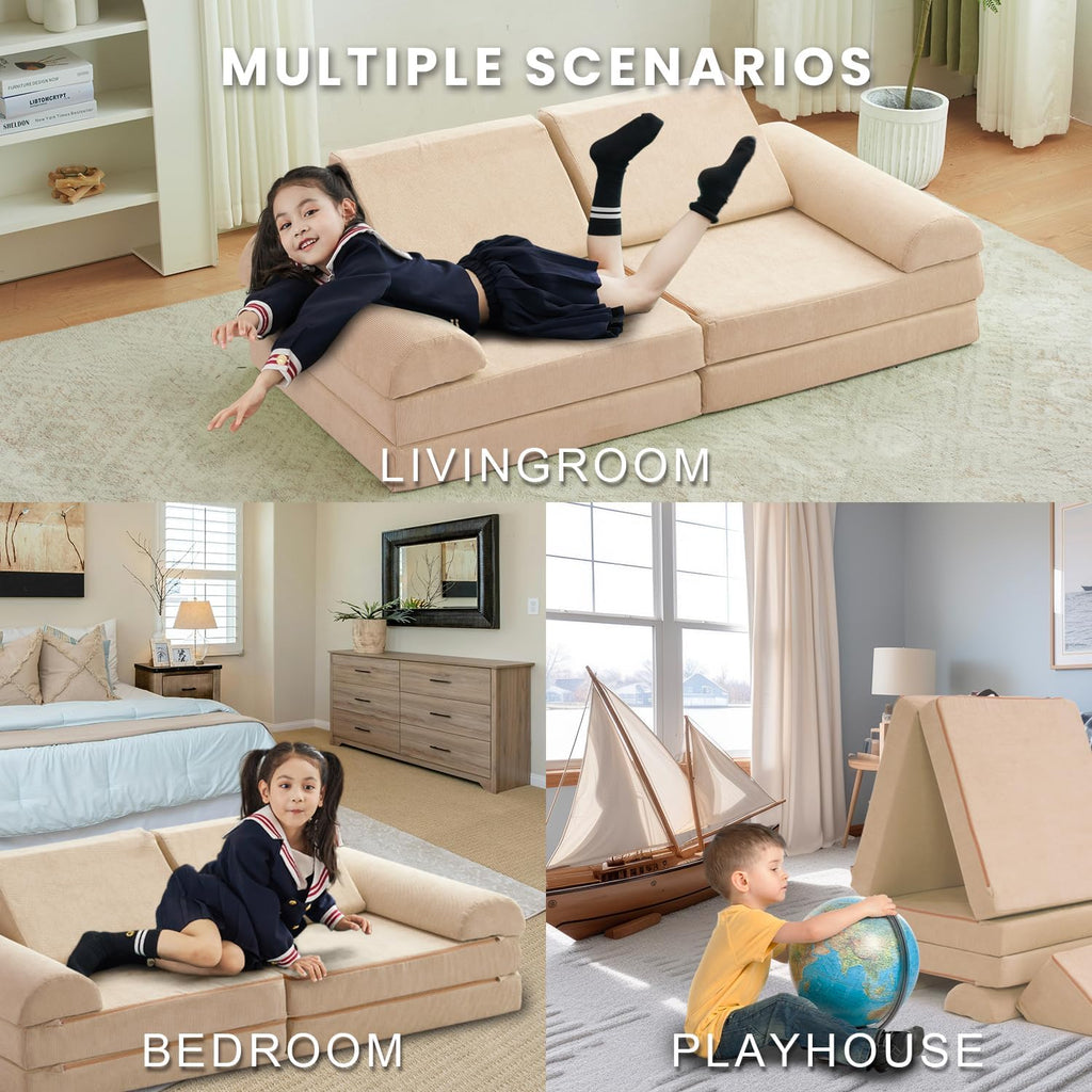 jela Kids Couch Safety Certified Play Couch Soft Kids Sofa with Machine Washable Cover Thick Foam Fort Building Set for Playroom Indoor 57x28x18 Inch (Corduroy, Brown Sugar)