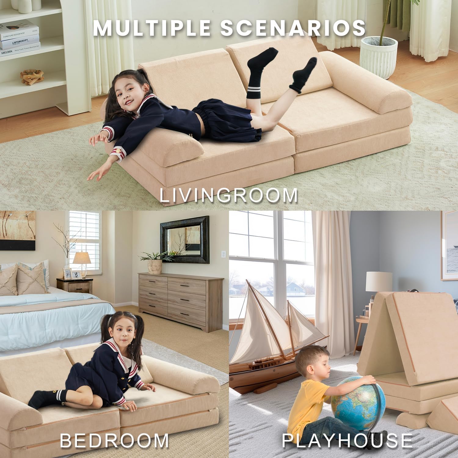 jela Kids Couch Safety Certified Play Couch Soft Kids Sofa with Machine Washable Cover Thick Foam Fort Building Set for Playroom Indoor 57x28x18 Inch (Corduroy, Brown Sugar)