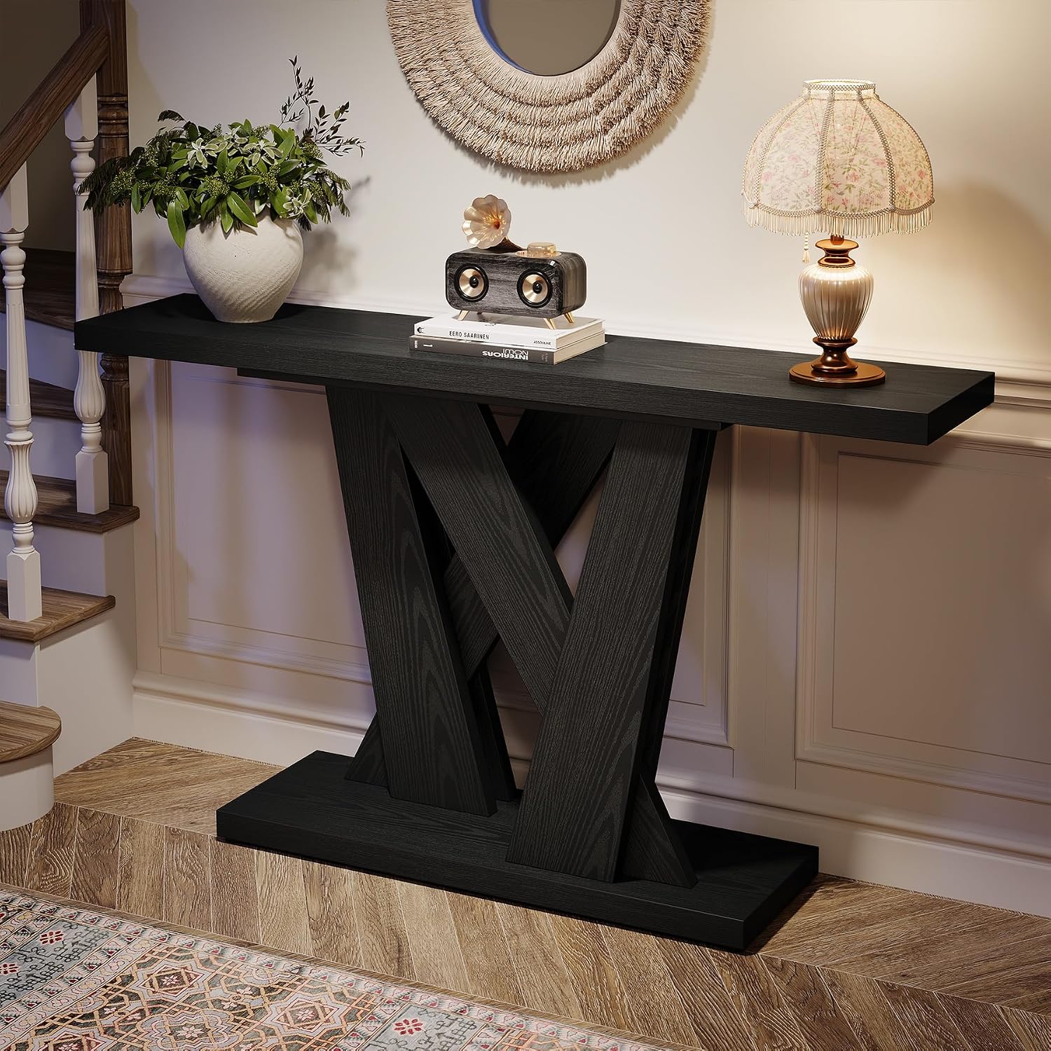 Tribesigns 55-Inch Farmhouse Console Table, Farmhouse Behind The Couch Table TV Stand with Geometric Base, Skinny Sofa Table Entryway Table for Entrance, Living Room, Hallway, Foyer, Black