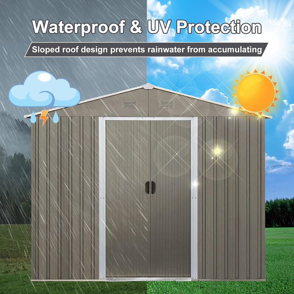 7.5ftx10ft Outdoor Storage Shed with Floor Frame, Metal Garden Shed with Sliding Doors, Waterproof Galvanized Steel Storage House for Backyard Garden, Patio (7.5 x 10 FT, Gray)