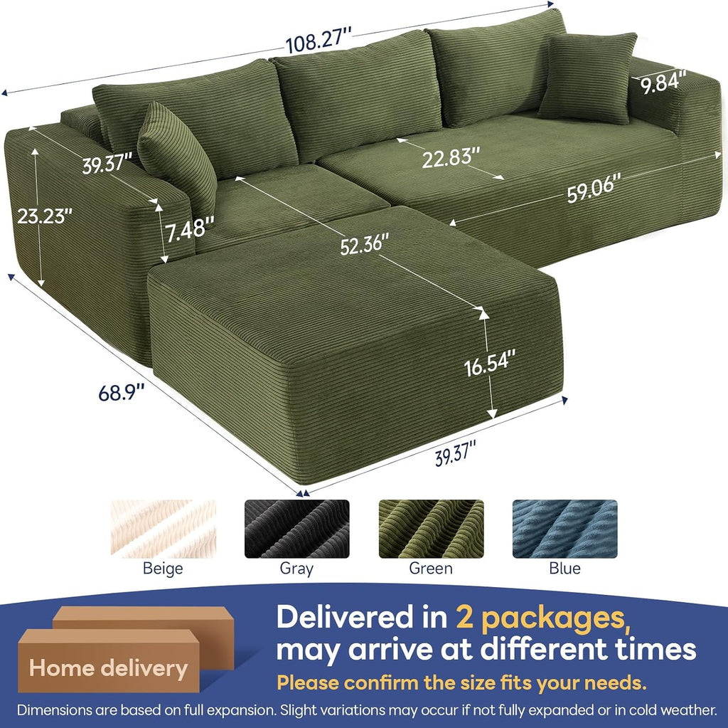 Brage Living 2025 New 108' Cloud Couch Sectional, Comfy Boneless Modular Sectional Sofa with L-Shaped Chaise, Deep Seat Couch for Living Room, No Assembly Required (Green, Chaise Ottoman)