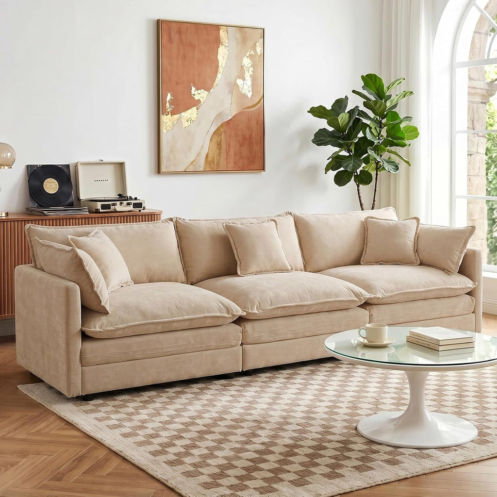 GNIXUU 111.5' Modern Cloud Sofa Couch, Chenille Comfy 3 Seat Sofa Couch with Pillows & Armrest for Living Room, Bedroom, Deep Seat Sofa(Camel)