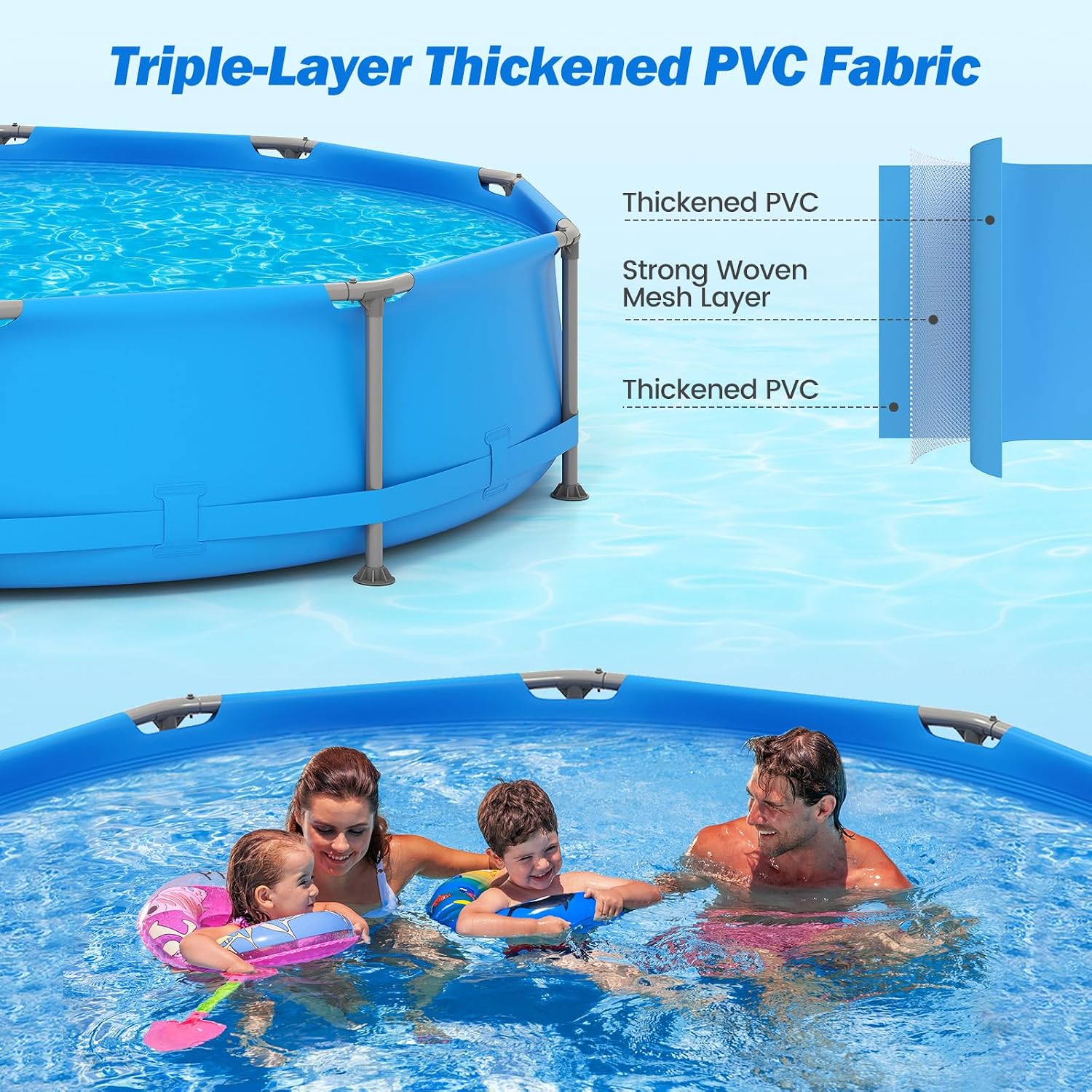 Moccha 12' x 12' Round Above Ground Pool - Metal Frame Family Pool Set with PVC Fabric, 3 Stoppers & Drainage Valve Connector, Outdoor Backyard Swimming Pool, 1617 Gallons of Water