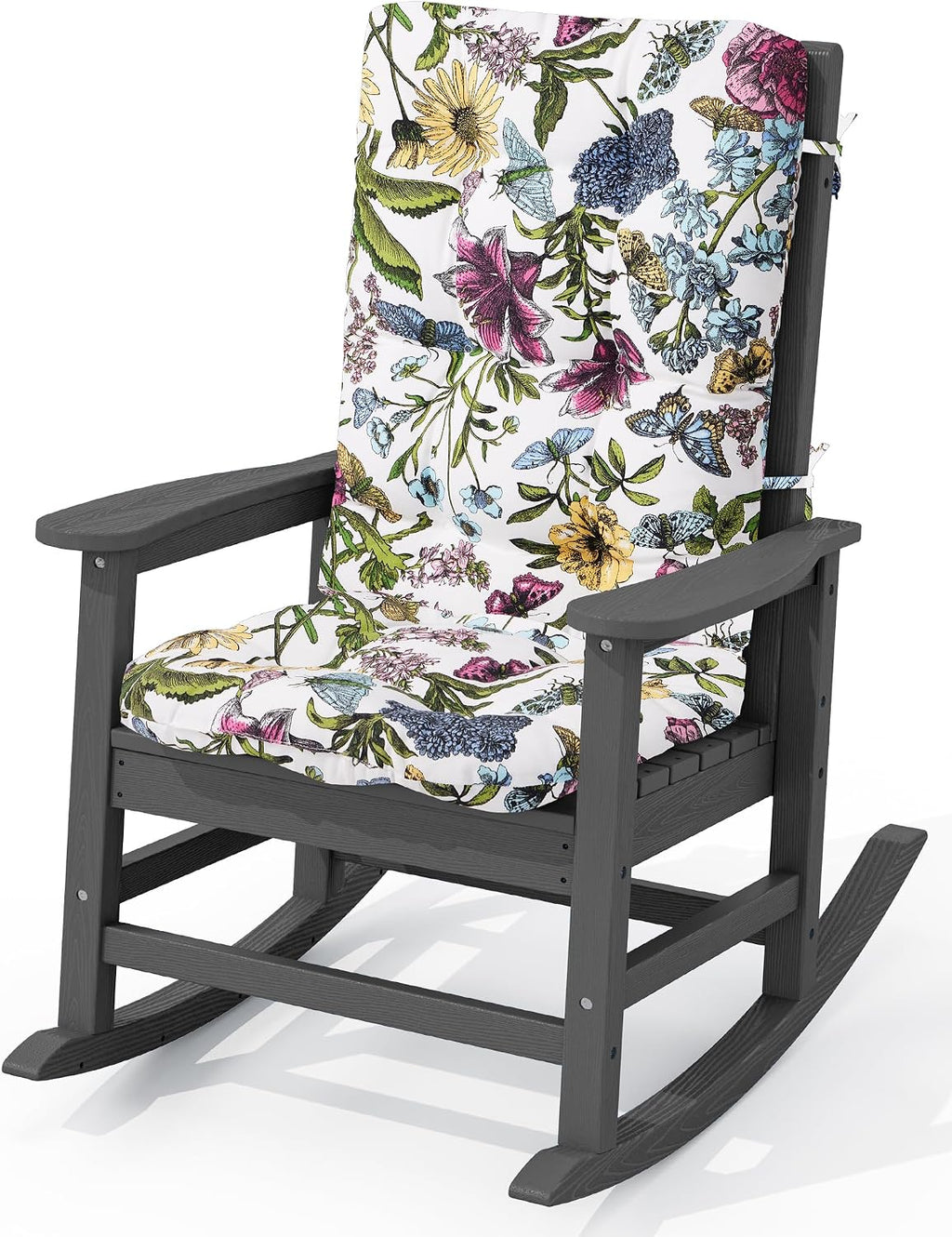 KINGYES Oversized Outdoor Rocking Chair with Cushion, All-Weather Patio Rocking Chairs, HDPE Porch Rocker for Adults, 350 lbs Capacity, Grey Chair with Flower Cushion