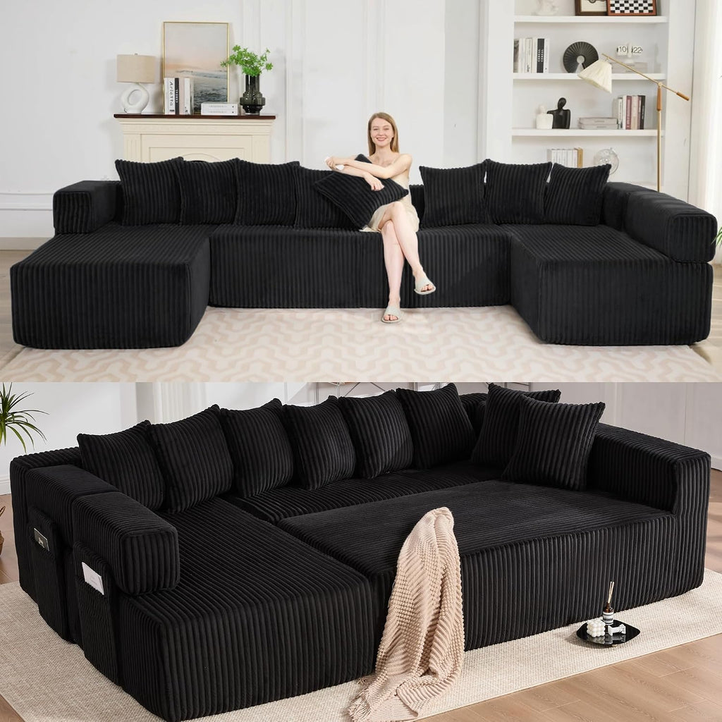 Oversized Cloud Boneless Couch with Chaise, 146' Modern U Shape Modular Deep Seat Sectional Sofa, Comfy Corduroy Upholstered Couches for Living Room, No Assembly Required-Black