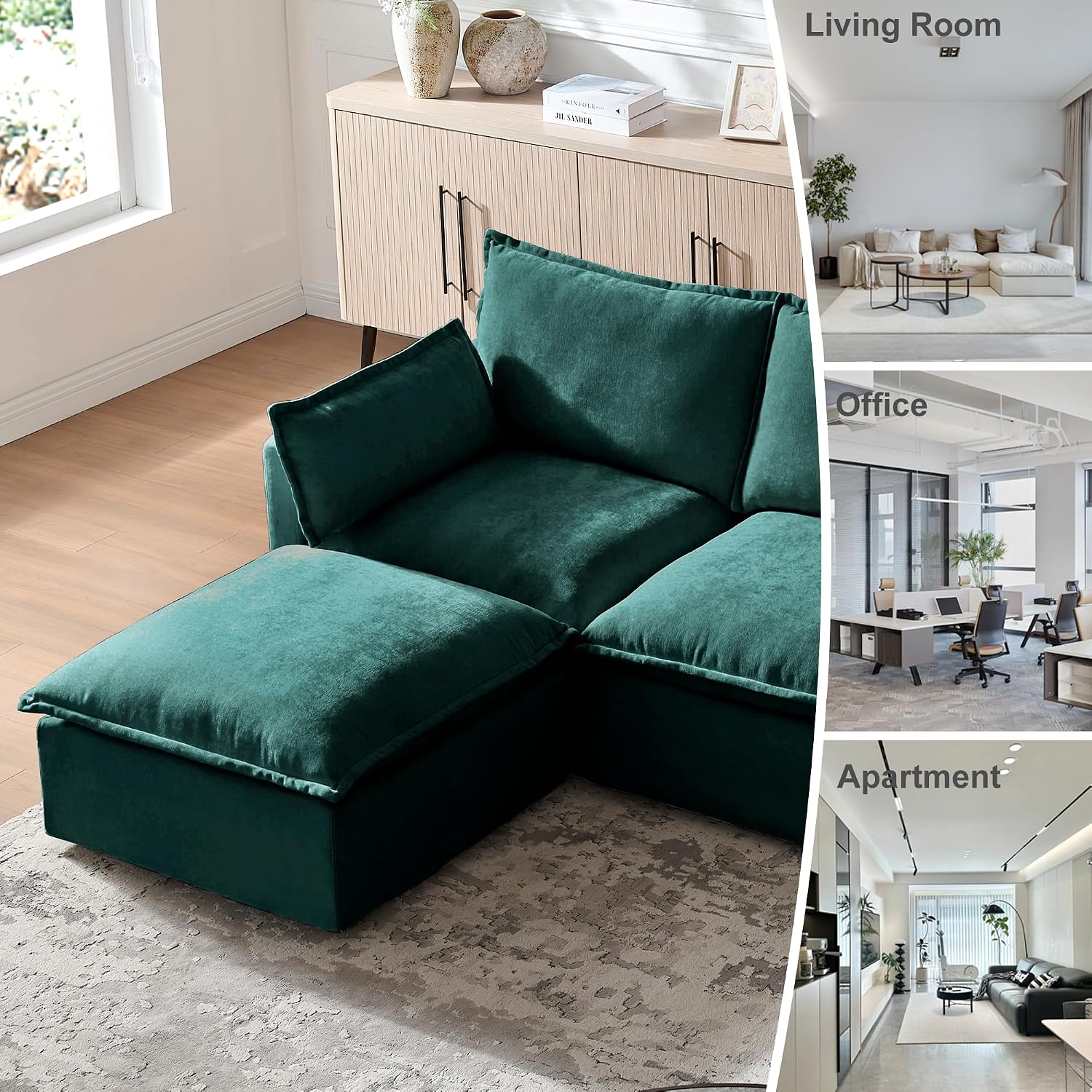 93.31' L-Shaped Couch Sofa with Ottoman, Green, 4 Seats | Modular Sectional