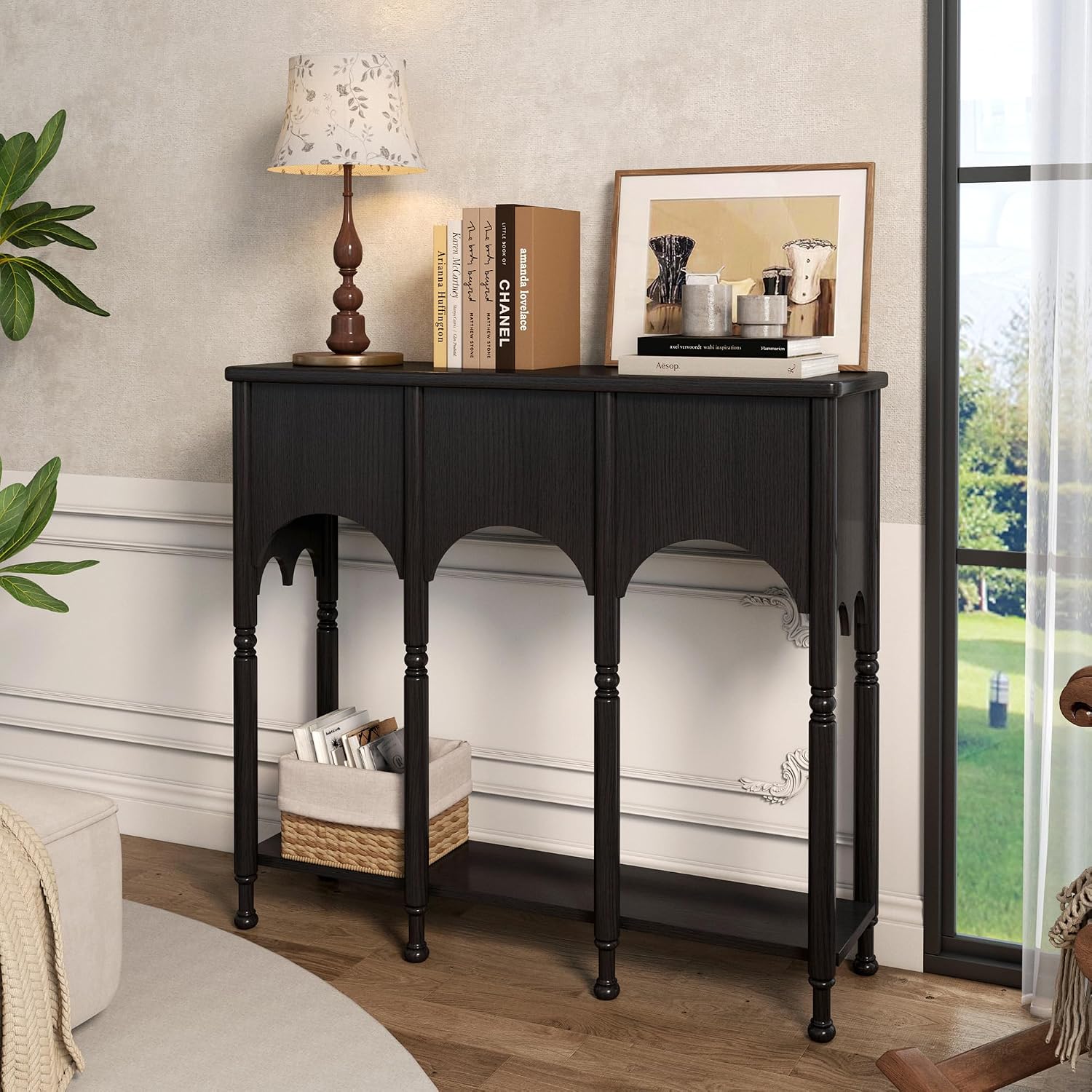 40' Console Table with Storage Shelf, Retro Entryway Table, Wooden Sofa Table with Roman-Style Legs for Living Room, Hallway, Black