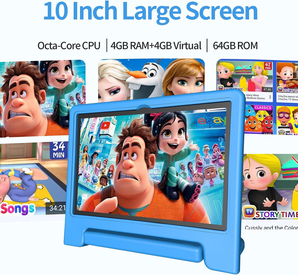 JREN Tablet for Kids｜10 Inch 64GB Android 14｜Octa-core｜64GB｜WiFi ｜Bluetooth｜Parental Control｜Kids Content｜Children Tabletas Blue