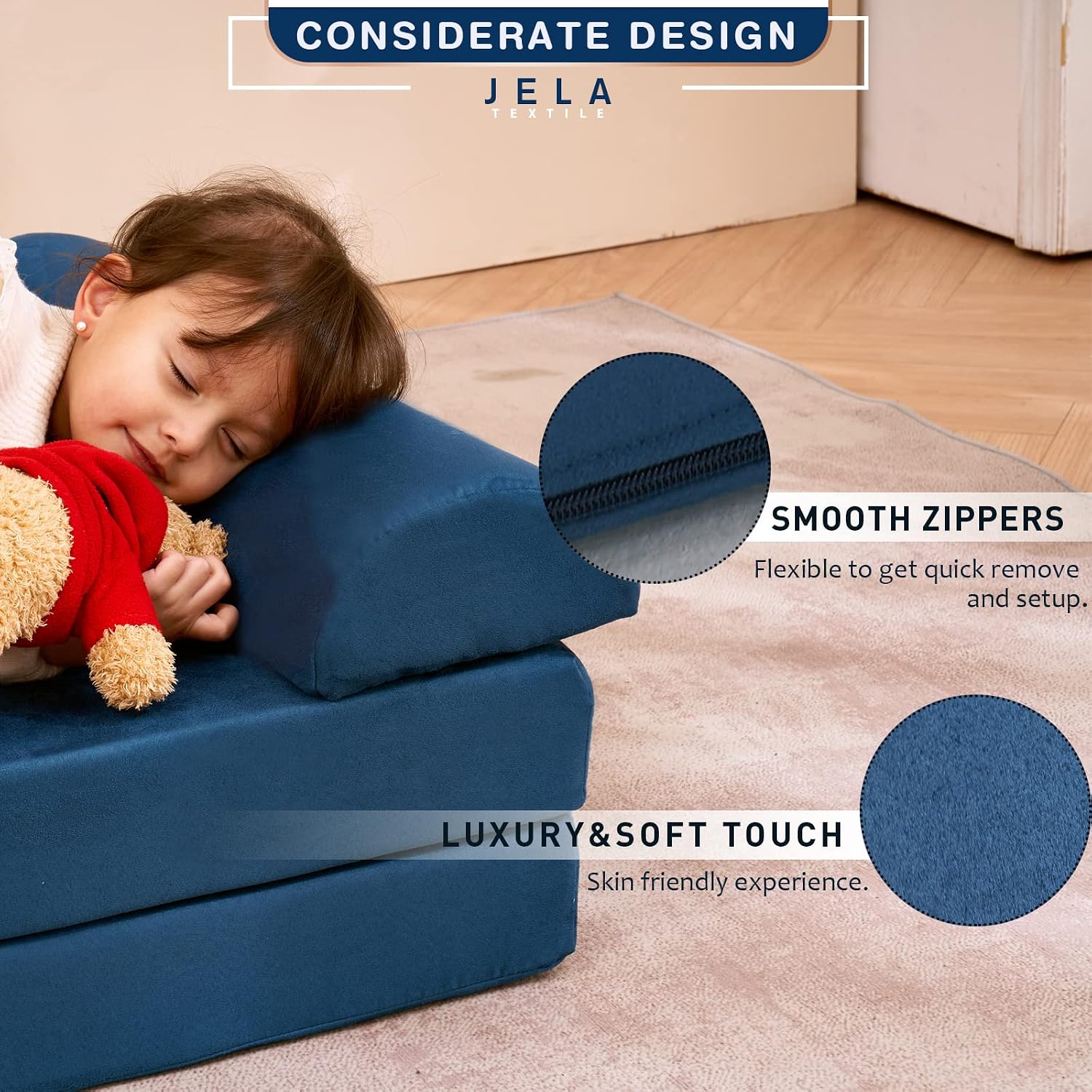 jela Kids Couch Safety Certified Play Couch Soft Kids Sofa with Machine Washable Cover Thick Foam Fort Building Set for Playroom Indoor (57'x28'x18', Navy Blue)