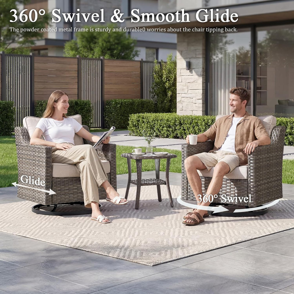 Luxury Patio Furniture sofa Set - 3 Pieces All Weather Wicker Outdoor Couch and High Back Swivel Rocker Patio Chairs with Glass coffee table for Deck Yard and Poolside Beige Cushions | Gray Wicker
