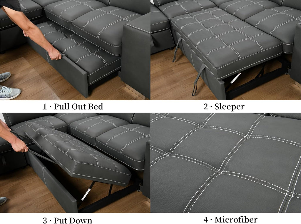 THSUPER 104'' Microfiber L Shaped Sectional Sleeper Sofa Couch with Pull Out Bed and Storage Ottoman, Convertible Couches with Adjustable Headrest for Living Room, Left Facing Chaise. Charcoal Grey