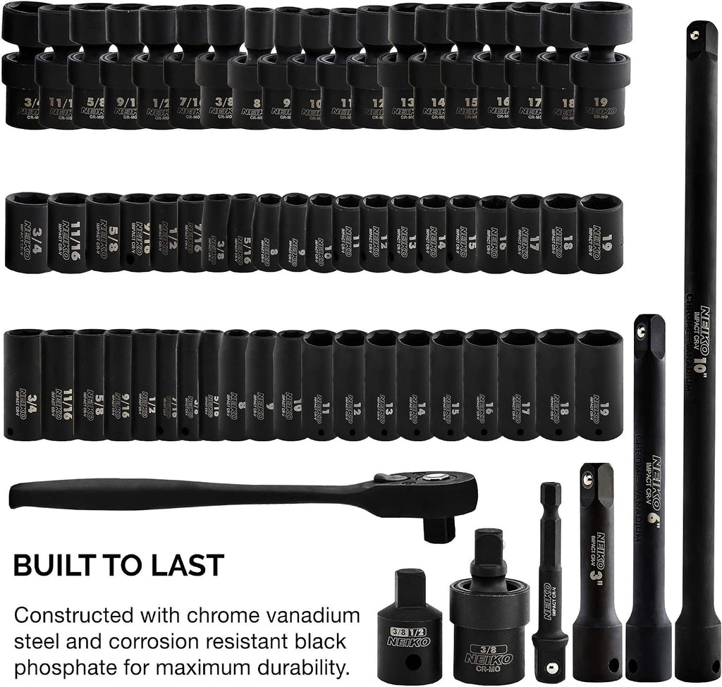 NEIKO 02471A Impact Socket Set, 3/8' Drive, 67 Piece, Metric and Standard Master Socket Set with Shallow & Deep Sockets, Ratchet, Swivel Sockets, Extension Bars, Adapters, Cr-V & Cr-Mo