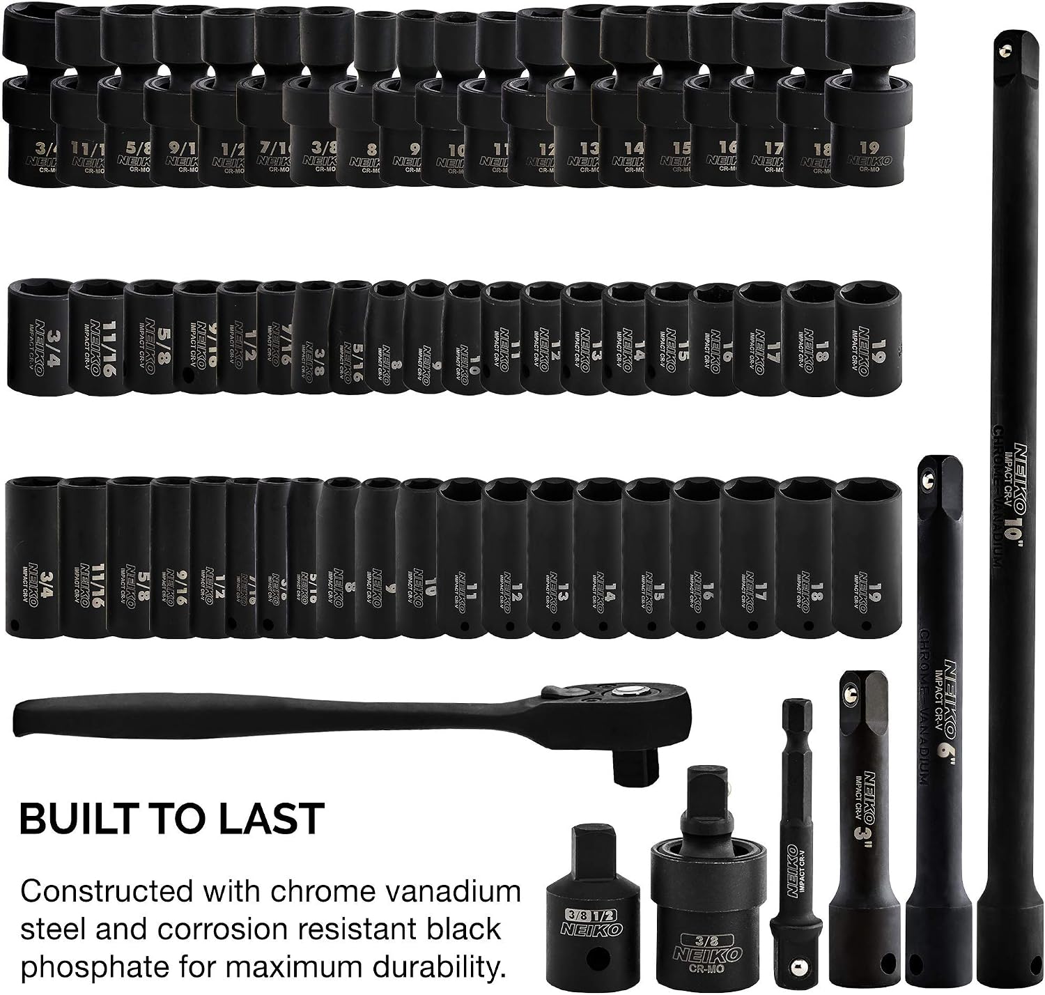 NEIKO 02471A Impact Socket Set, 3/8' Drive, 67 Piece, Metric and Standard Master Socket Set with Shallow & Deep Sockets, Ratchet, Swivel Sockets, Extension Bars, Adapters, Cr-V & Cr-Mo