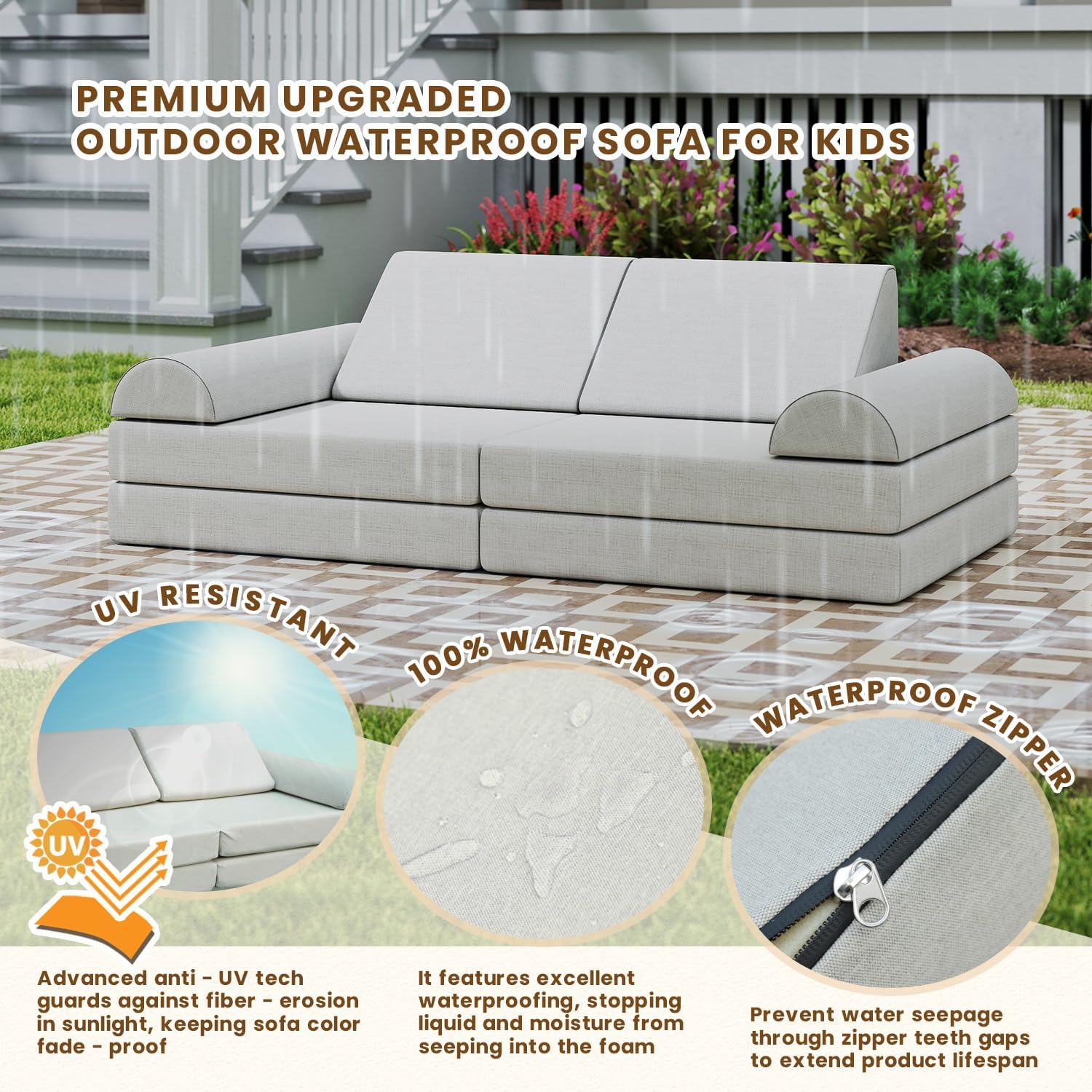 jela Kids Couch, Waterproof Kids Modular Sofa for Outdoor & Indoor, UV Resistant Child Sectional Sofa, Foam Play Couch Playhouse Play Set for Children Adults(Sand Beige) | waterproof