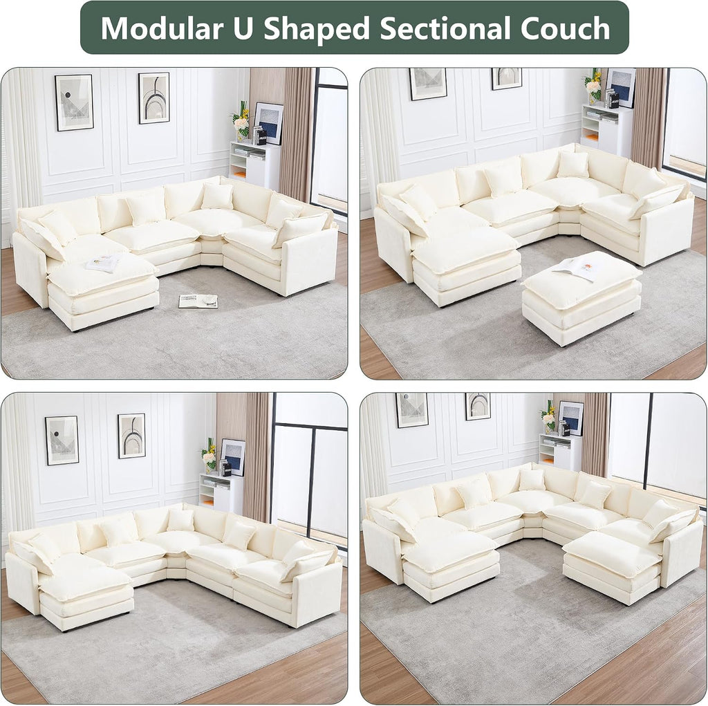 GNIXUU Oversized Modular sectional Sofa, Chenille Large Cloud Sectional Couches for Living Room, Convertible Deep 6 Seater L Shaped Couch with Ottoman for Living Room, Beige White