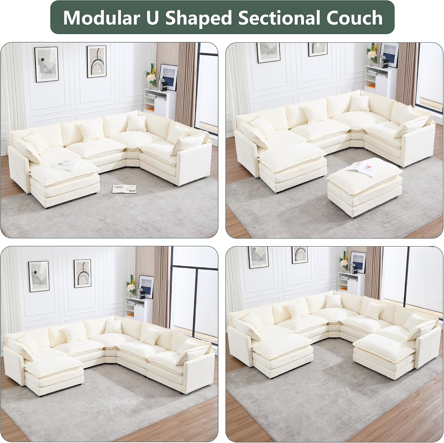 GNIXUU Oversized Modular sectional Sofa, Chenille Large Cloud Sectional Couches for Living Room, Convertible Deep 6 Seater L Shaped Couch with Ottoman for Living Room, Beige White