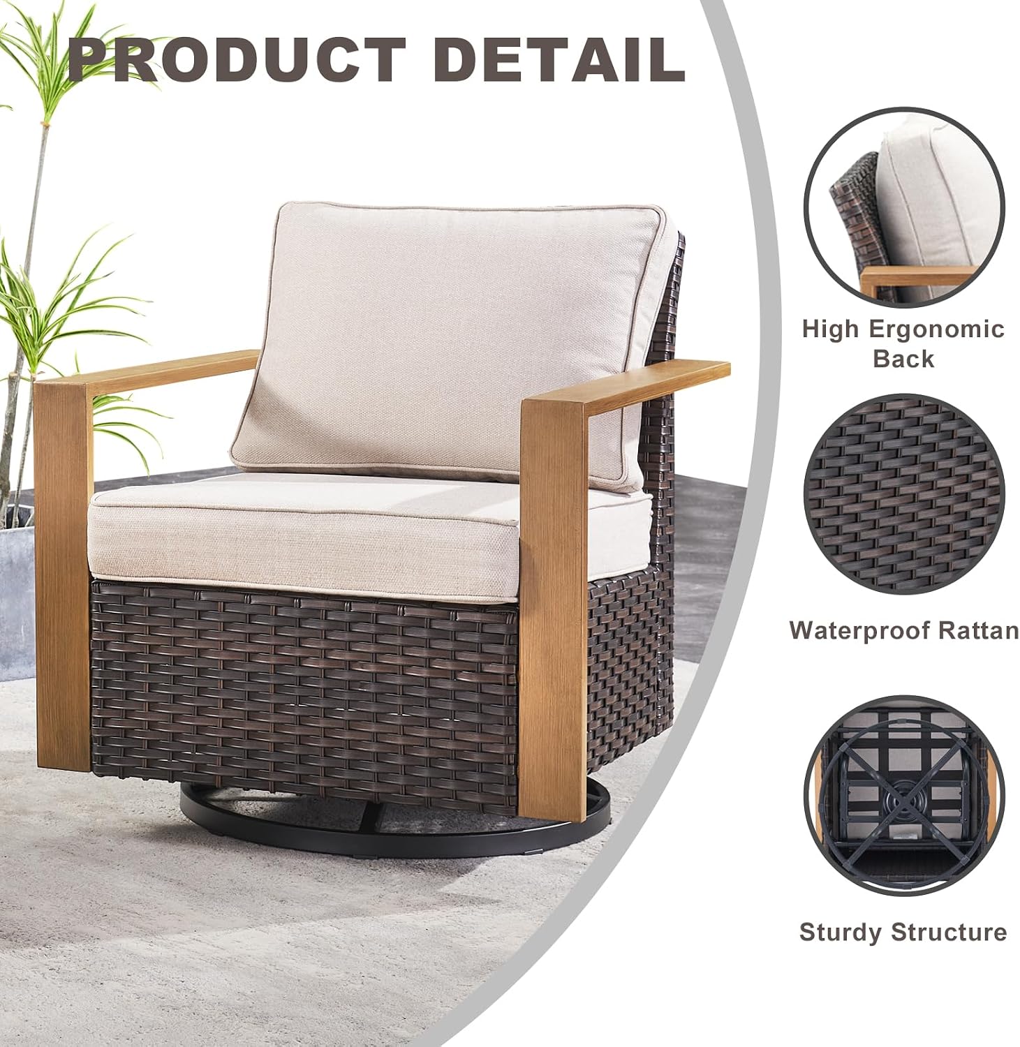 Rilyson Outdoor Patio Swivel Rocker Chairs - Wicker Rattan Patio Swivel Rocking Chairs Set of 2 with Metal Wide Armrest, Thick Cushions and Deep Seating for Deck Porch Sunroom Garden(Brown/Beige)
