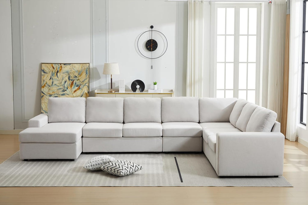 Ball & Cast 147' L-Shaped Sectional Couch for Living Room with Reversible Chaise & Removable Back Cushions,7 Seat Linen Upholstered Convertible Sectional Sofa Set,DIY Combination,for Home,Office,Beige
