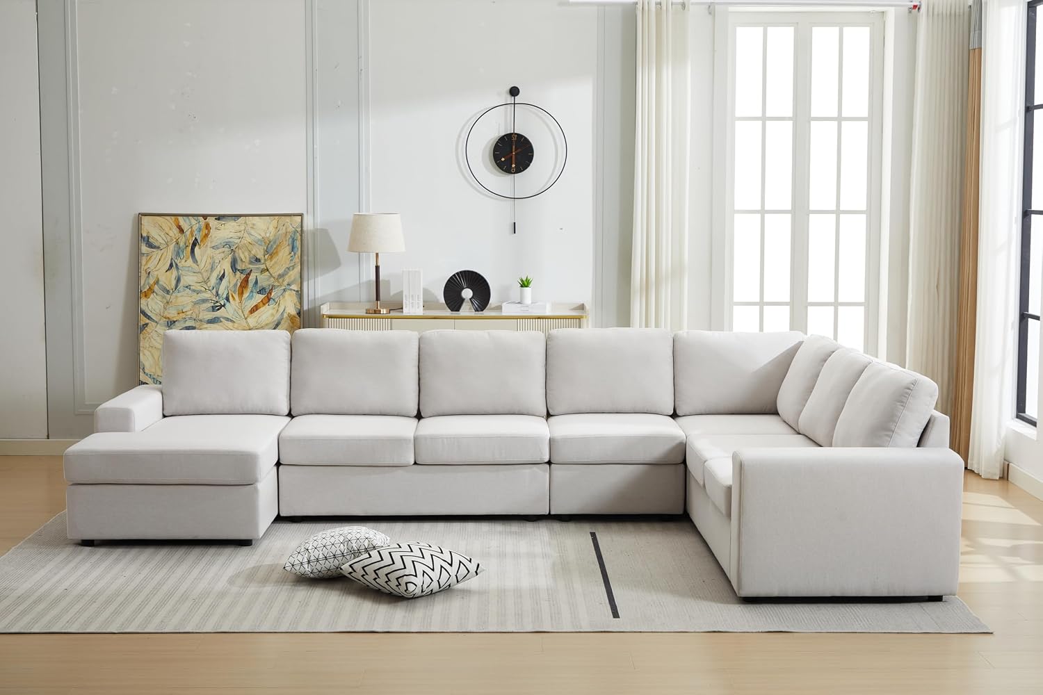 Ball & Cast 147' L-Shaped Sectional Couch for Living Room with Reversible Chaise & Removable Back Cushions,7 Seat Linen Upholstered Convertible Sectional Sofa Set,DIY Combination,for Home,Office,Beige