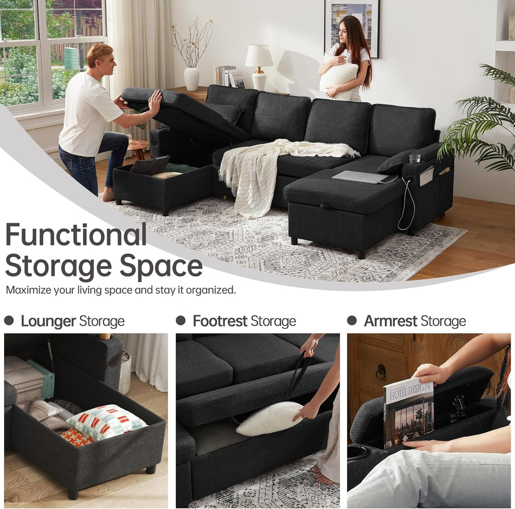 DURASPACE Sofa Bed Pull Out Couch Sleeper with Double Storage Chaise, U Shaped Convertible Sectional Sleeper Sofa for Living Room with USB Charging Ports, Cup Holder (Dark Gray)