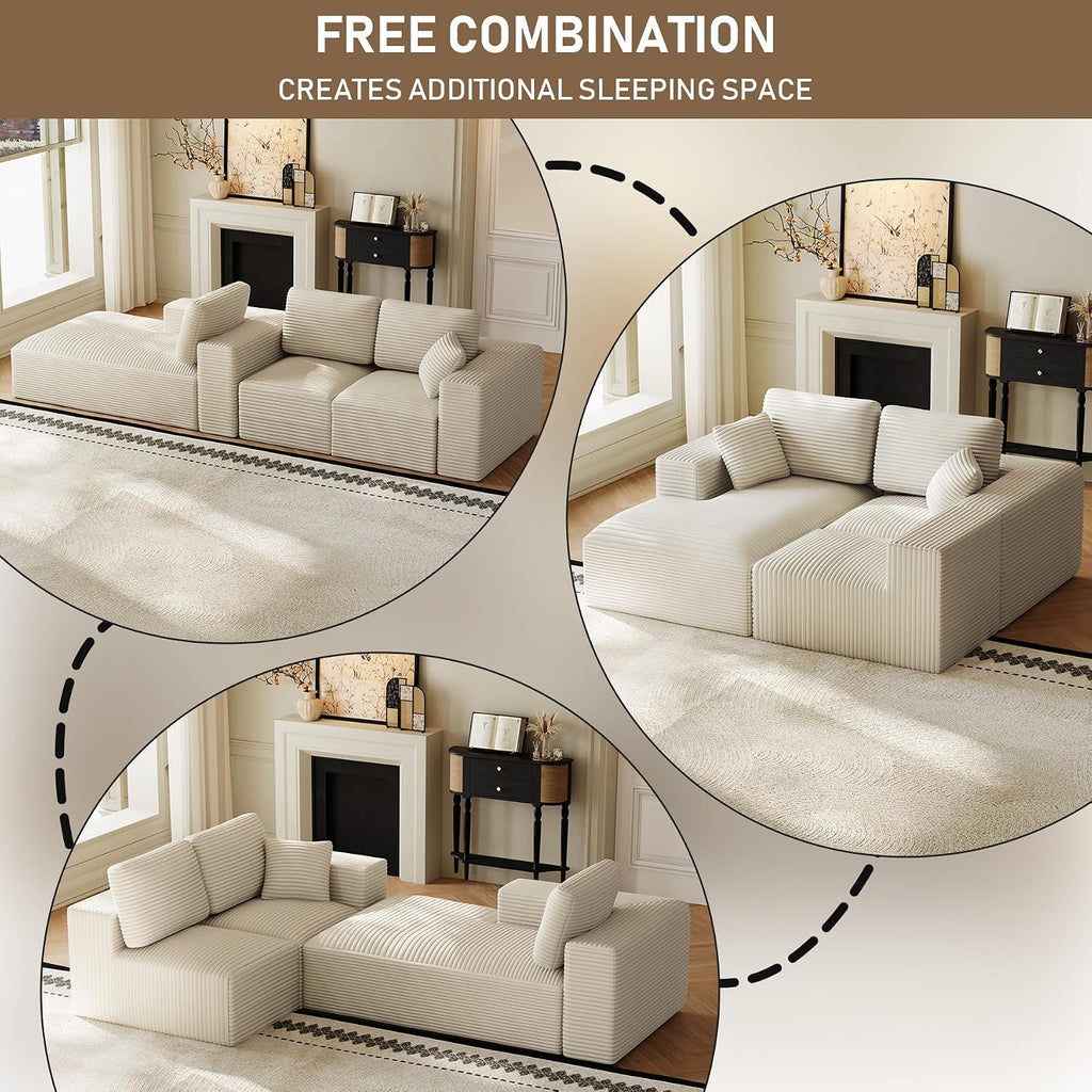 109' L-Shaped Boneless Cloud Sectional Couches, Comfy Corduroy Fluffy Modular Sectional Sofa with Left-Facing Chaise, Deep Seat Memory Foam Plush Couch for Living Room, Small Spaces, Beige White