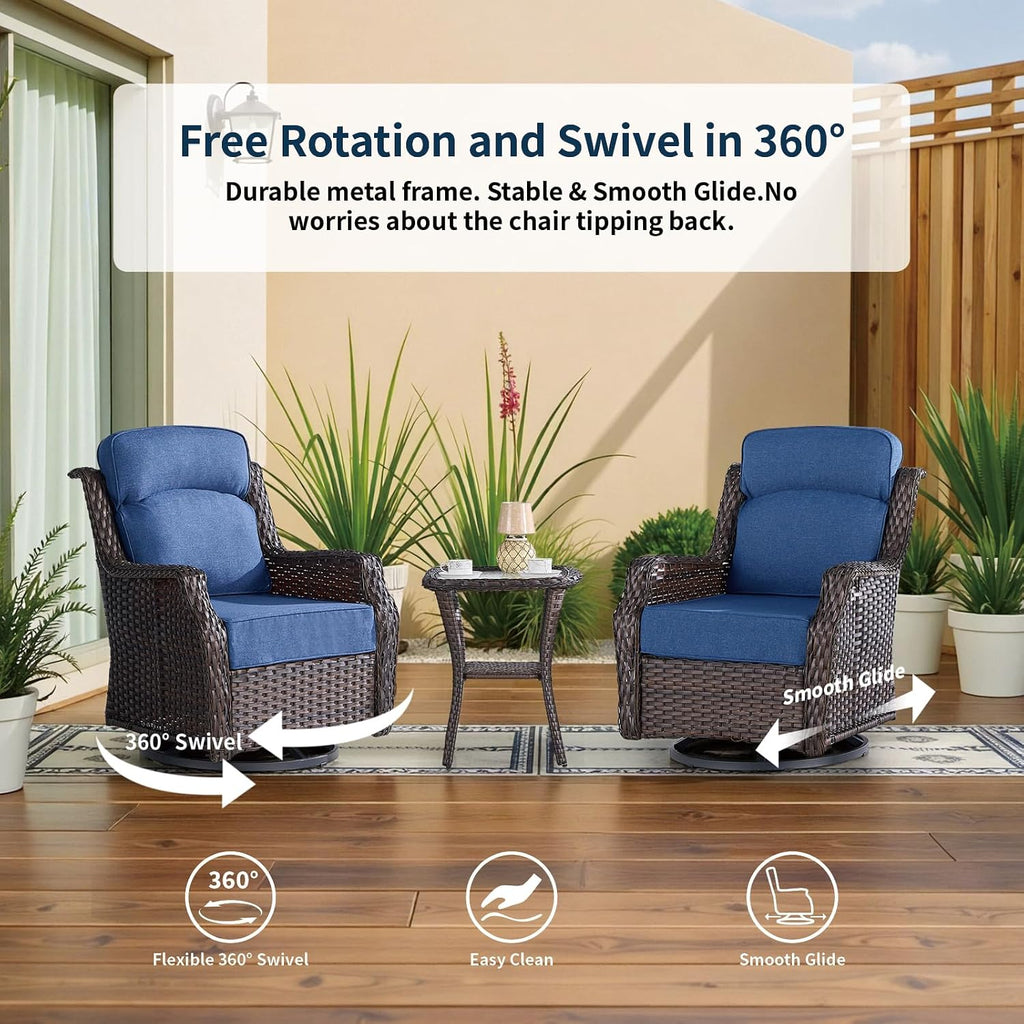 Outdoor Wicker Swivel Rocker Chair with 6-Inch Thick Cushions, High Back Patio Glider Chair, 360° Swivel & Rocking Motion for Porch, Deck, Balcony, Poolside, Brown/Blue