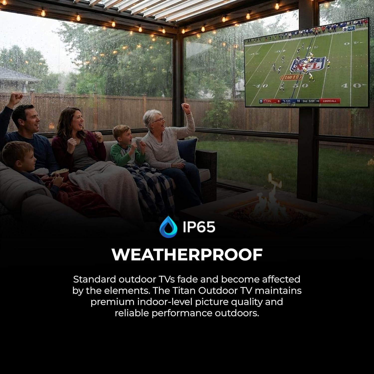 Titan G100 Mini-QLED 65 Inch Outdoor TV, Covered Patio, IP65 Smart Weatherproof TV, 4K HDR, 144 Hz, Google AI OS, 1000 Nits, Wi-Fi 5, Dolby Vision&Atmos, Onkyo, Outdoor TV Cover, Slim Bezel, 2 Yr Wty